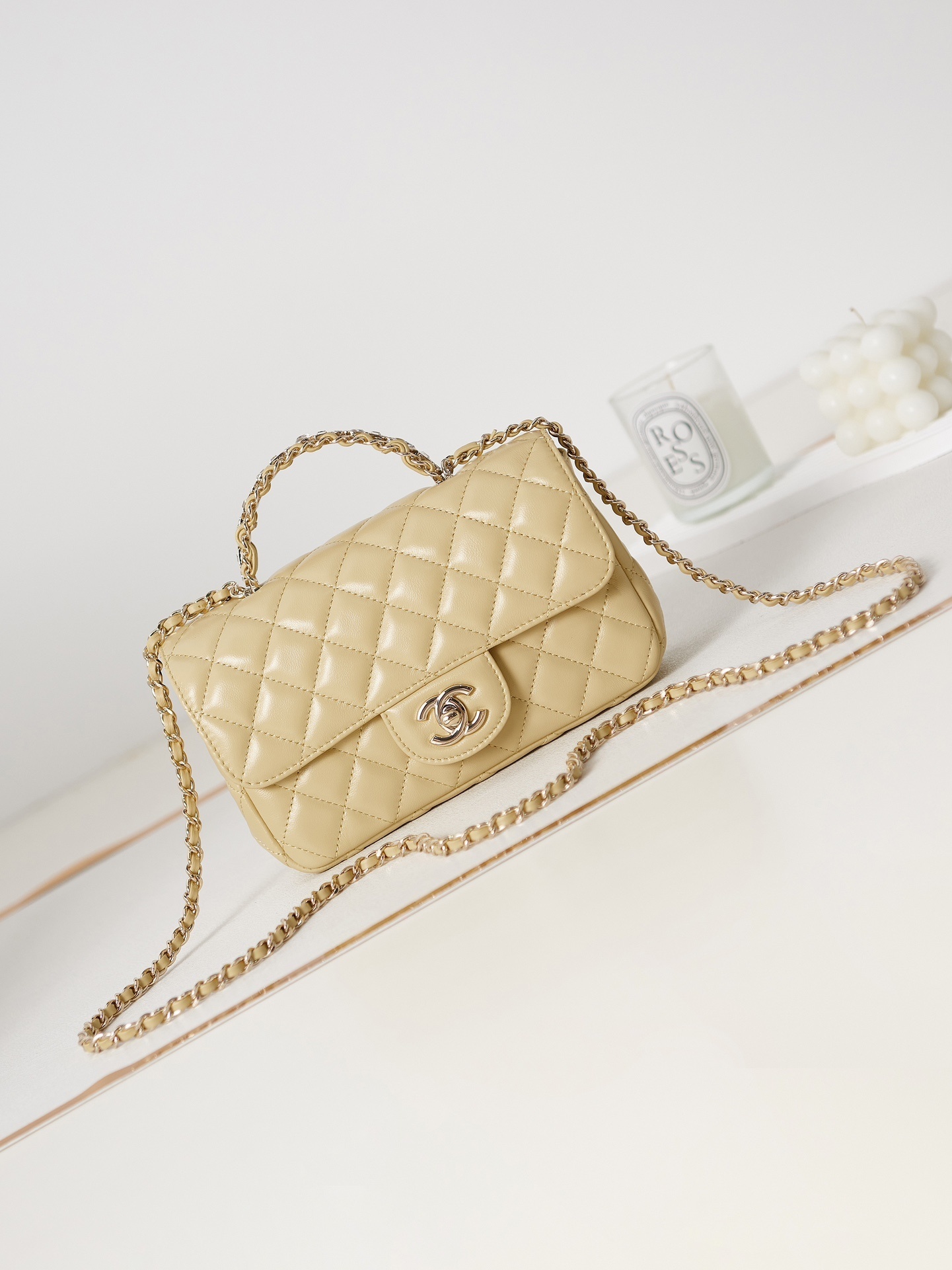 Chanel Mini Flap Bag in light beige lambskin leather