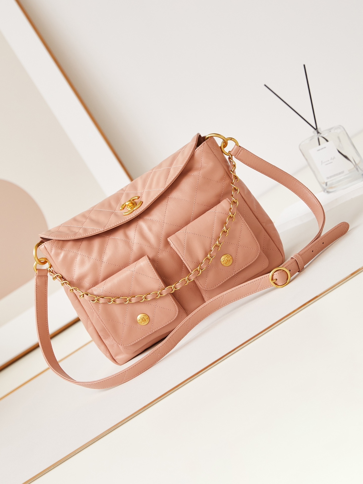 Chanel Double Pocket Hobo Bag in a pink/caramel quilted leather