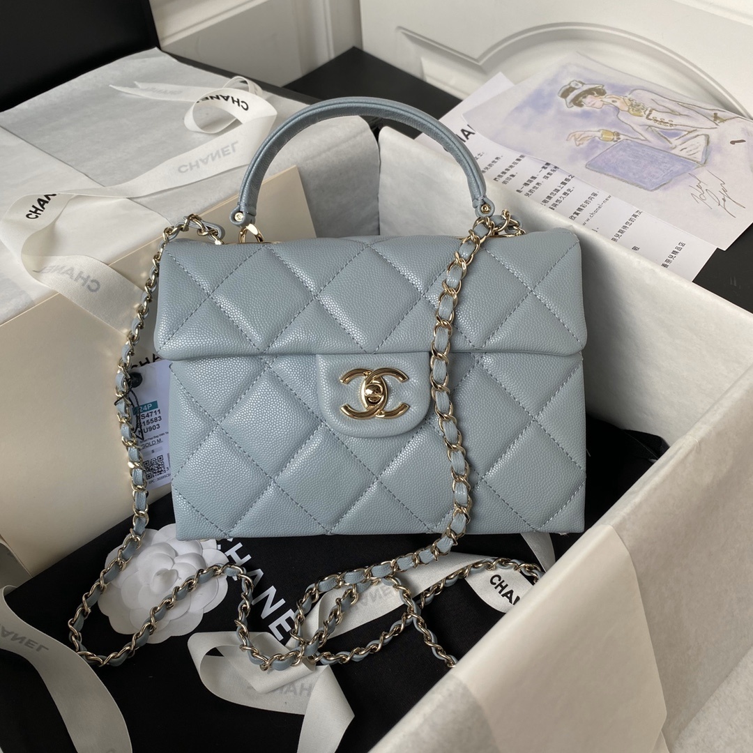Chanel Coco Top Handle bag in a light blue caviar leather