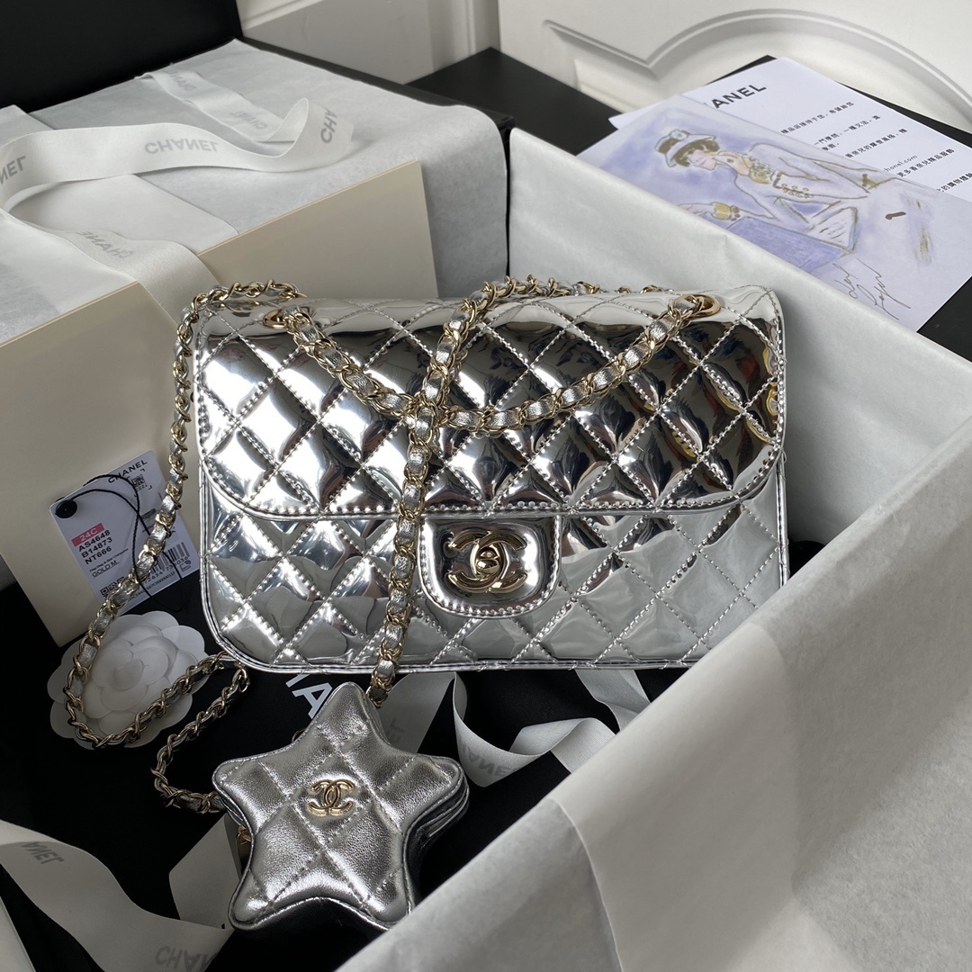 Chanel Small Flap Bag and Star Coin Purse set in silver mirror calfskin