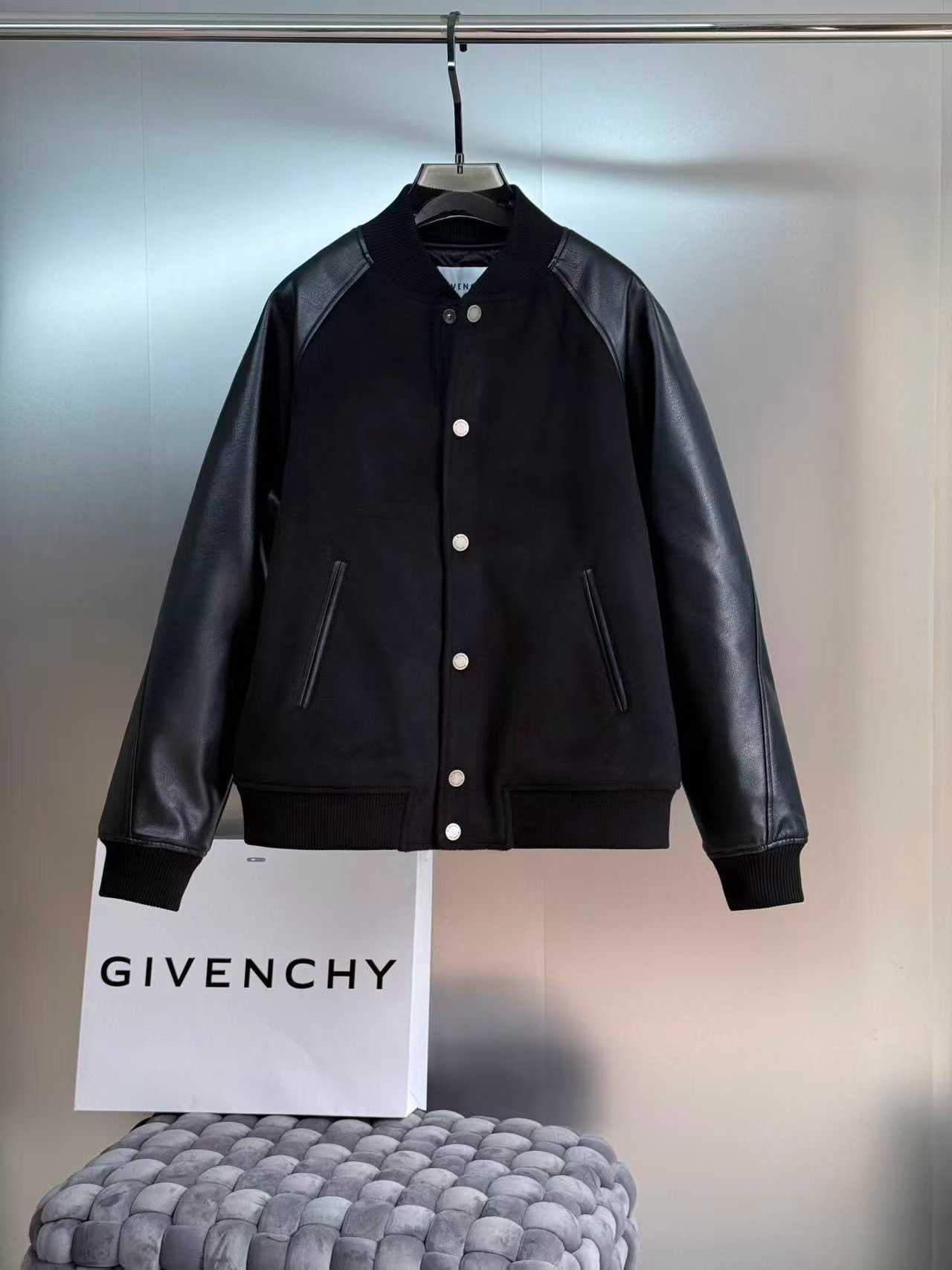 Givenchy black leather-trimmed wool bomber jacket