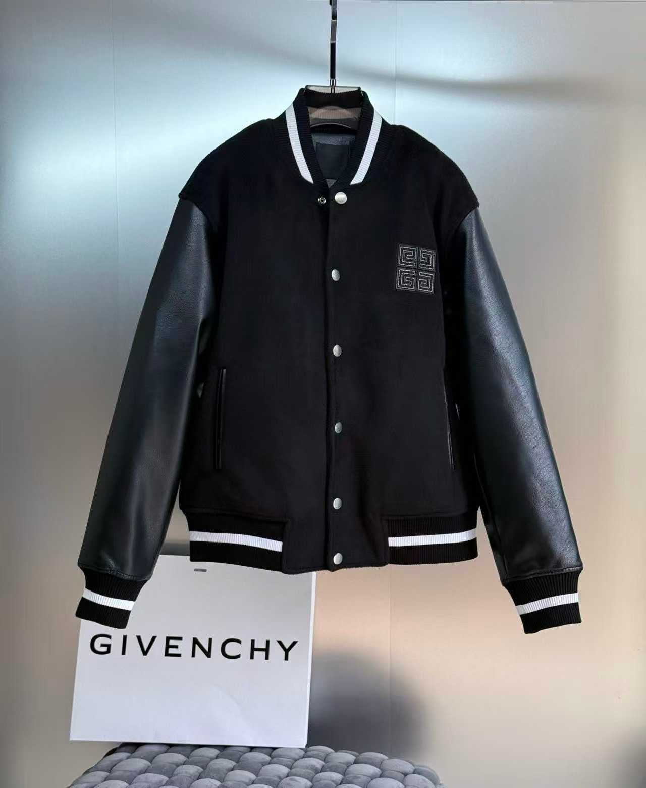 Givenchy Varsity Bomber Jacket black in a wool-blend with grained leather sleeves and a 4G logo patch.
