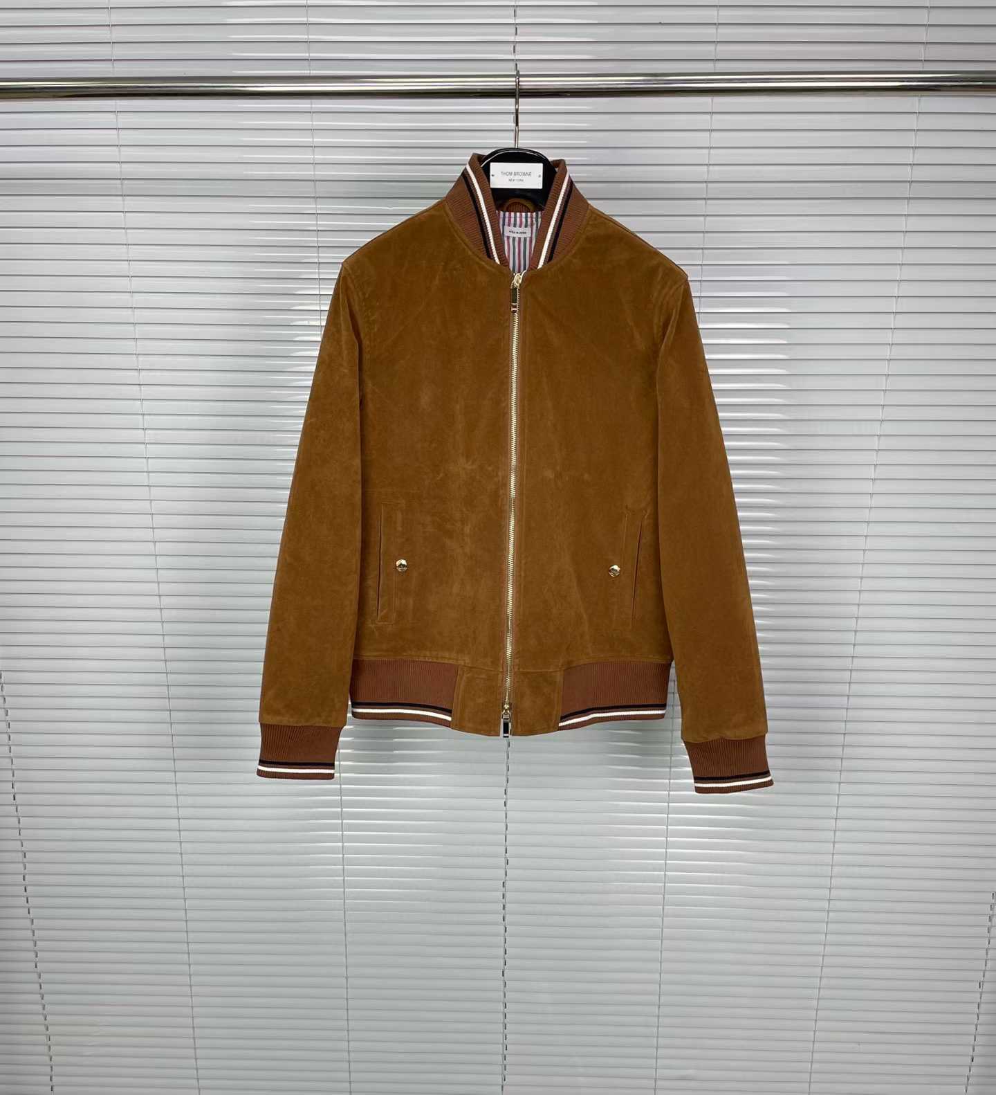 Thom Browne brown knit rib blouson suede jacket