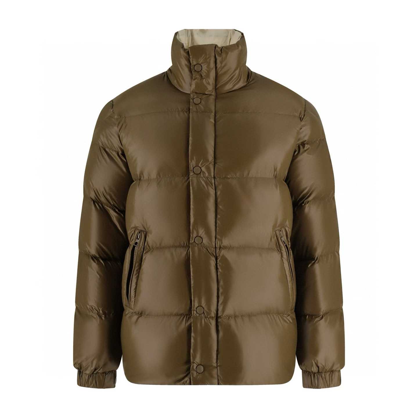 Moncler Dervox down jacket in a green or olive color with a stand collar and snap button closure