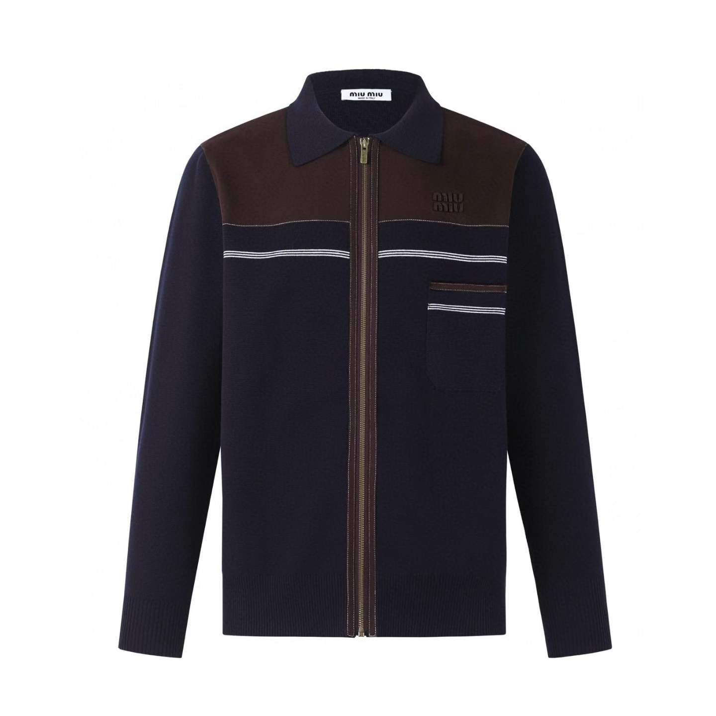 Miu Miu wool and leather zipper cardigan in dark blue and cocoa brown