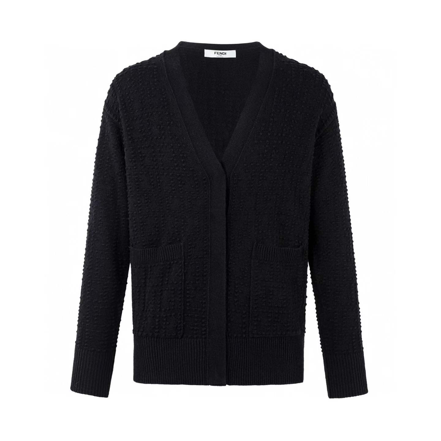 Fendi wool and cashmere cardigan with a tone-on-tone FF motif, V-neck, and front patch pockets