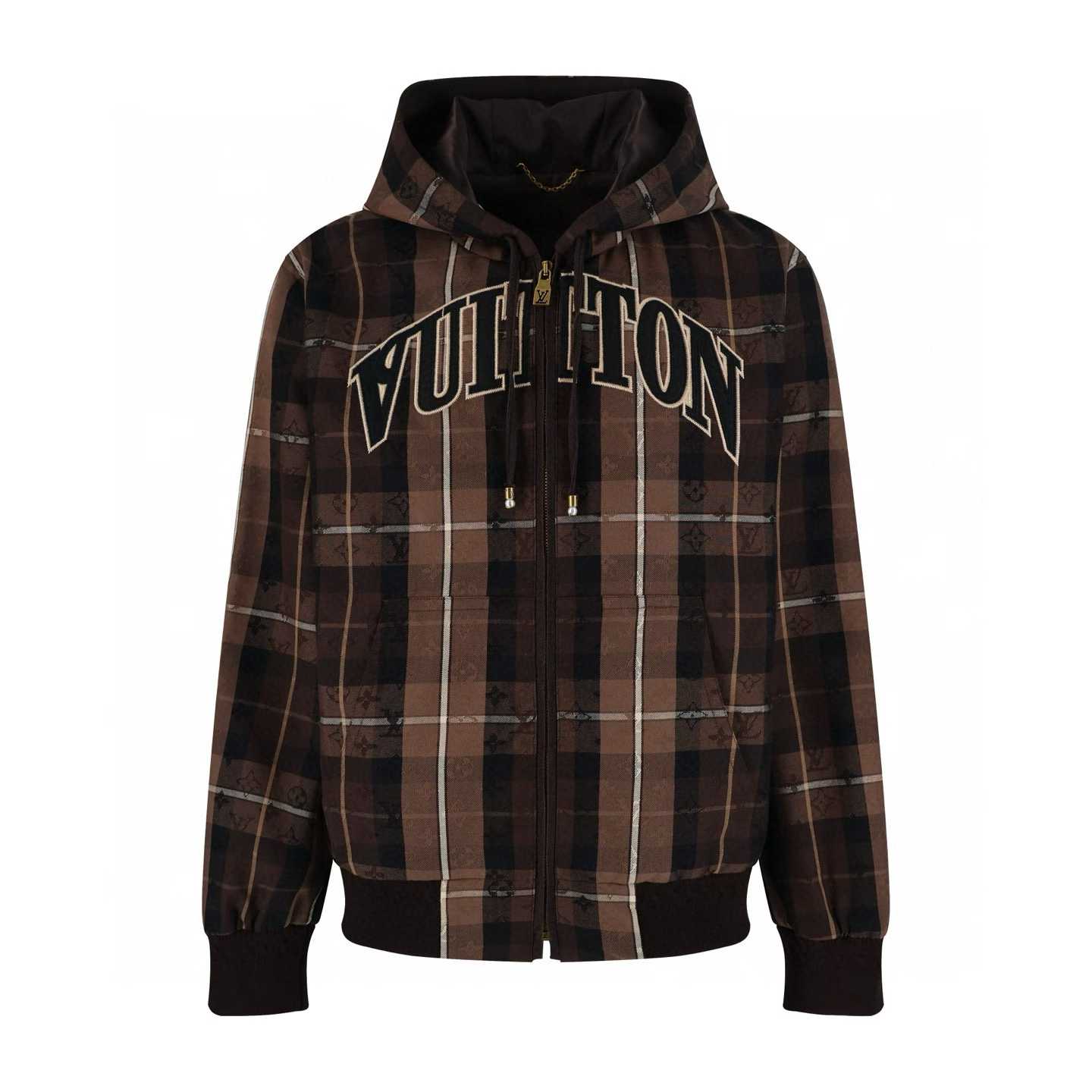LV Check Motif Hooded Jacket in a brown alpaca blend with graphic felt lettering