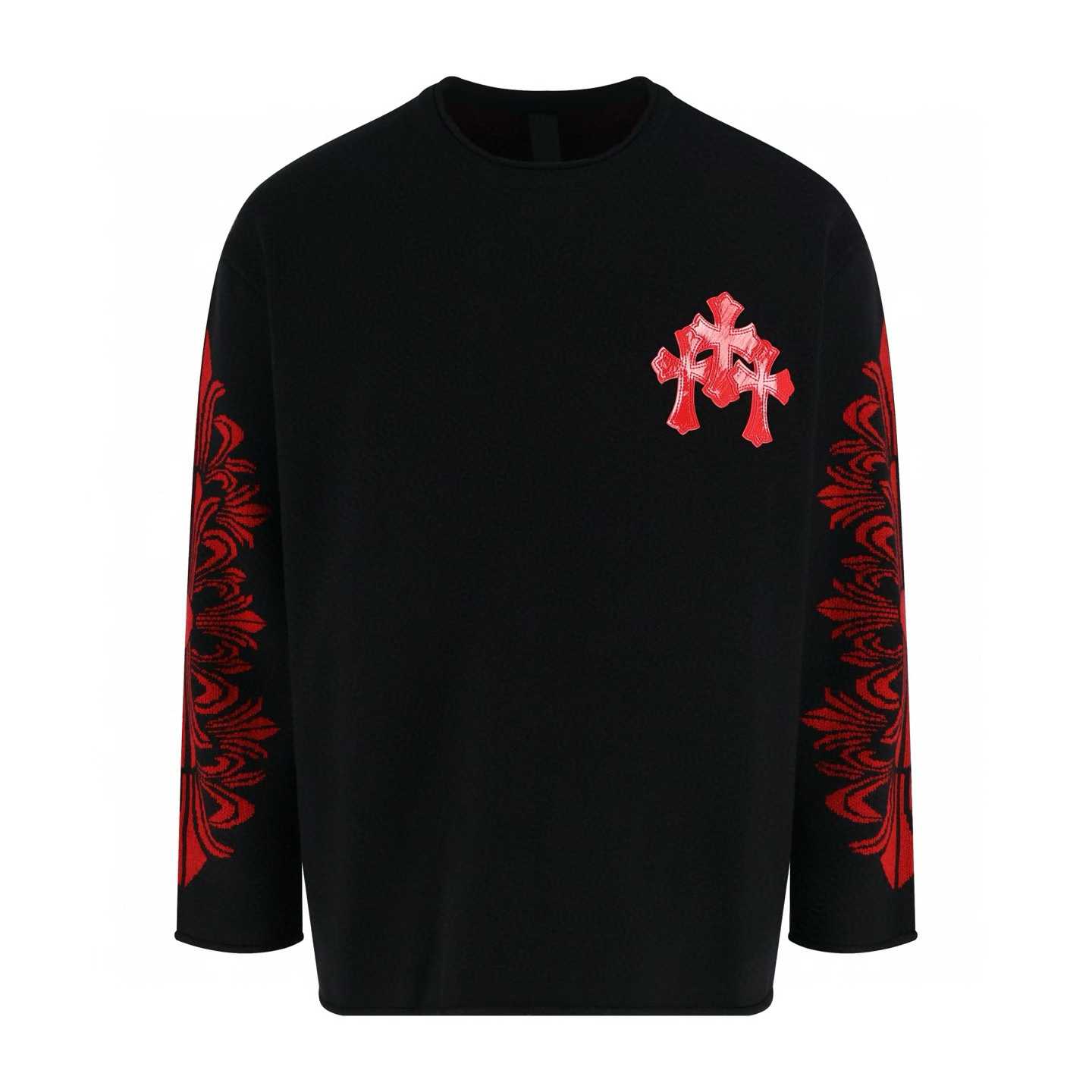 Chrome Hearts cashmere cross-patch sweater in black with red leather or patent leather cross patches