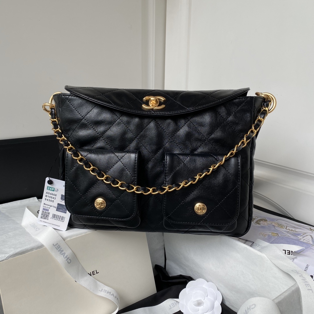 Chanel 24P black quilted leather hobo bag
