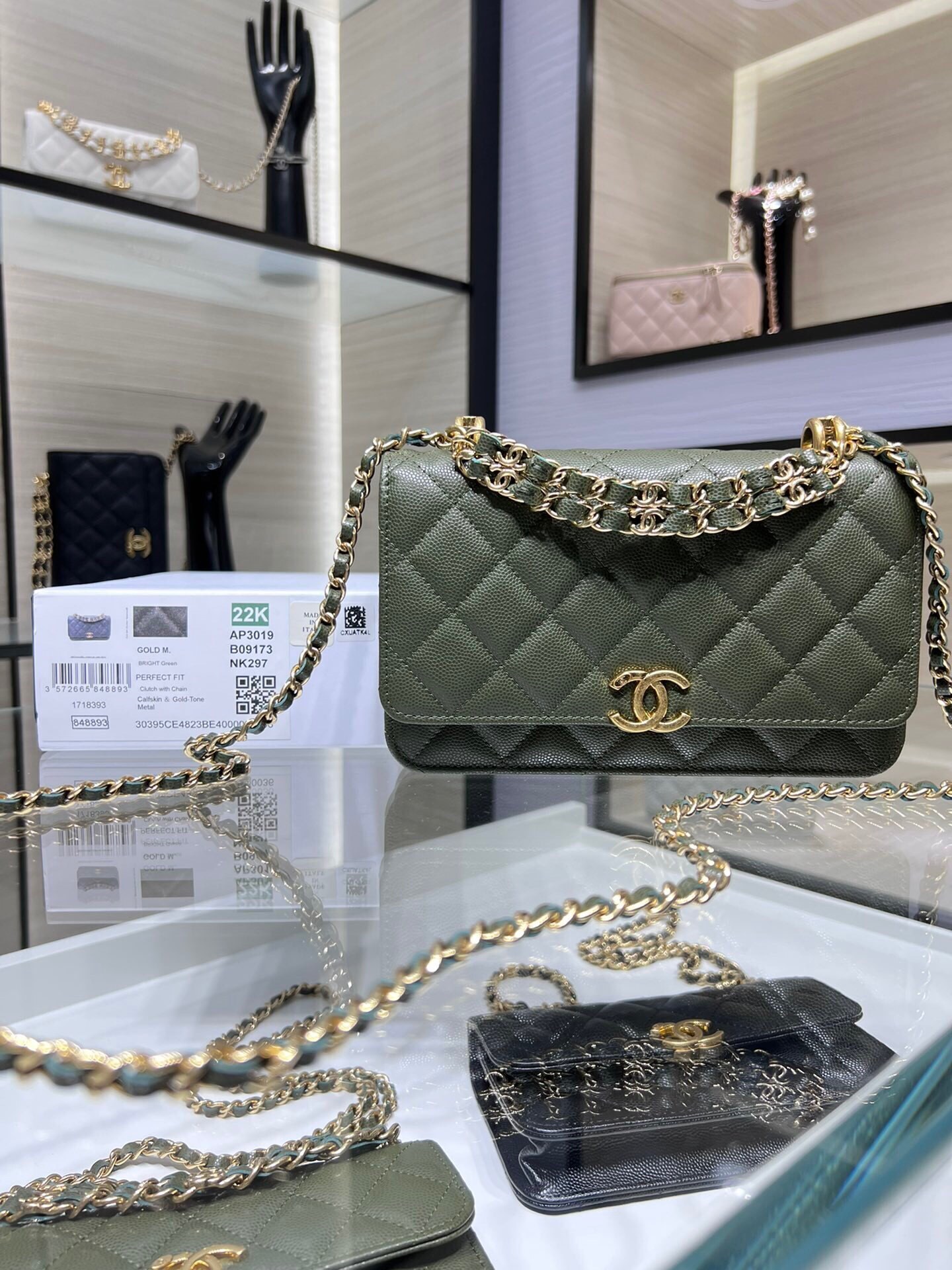 Chanel 22K Coco First Wallet On Chain (WOC) in olive green caviar leather
