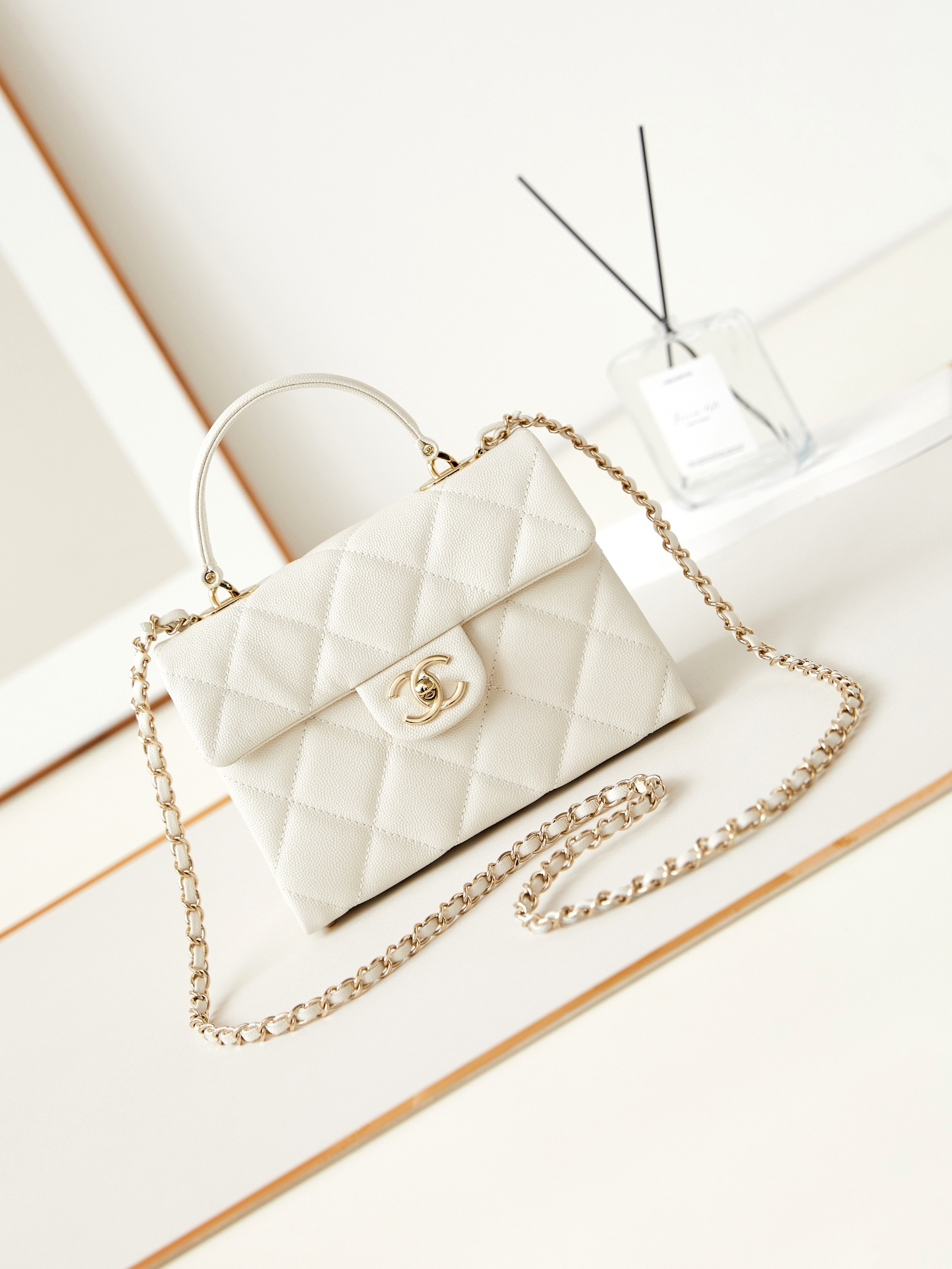 Chanel 24P Nano Kelly Mini Shopping Bag with Top Handle in white quilted lambskin leather
