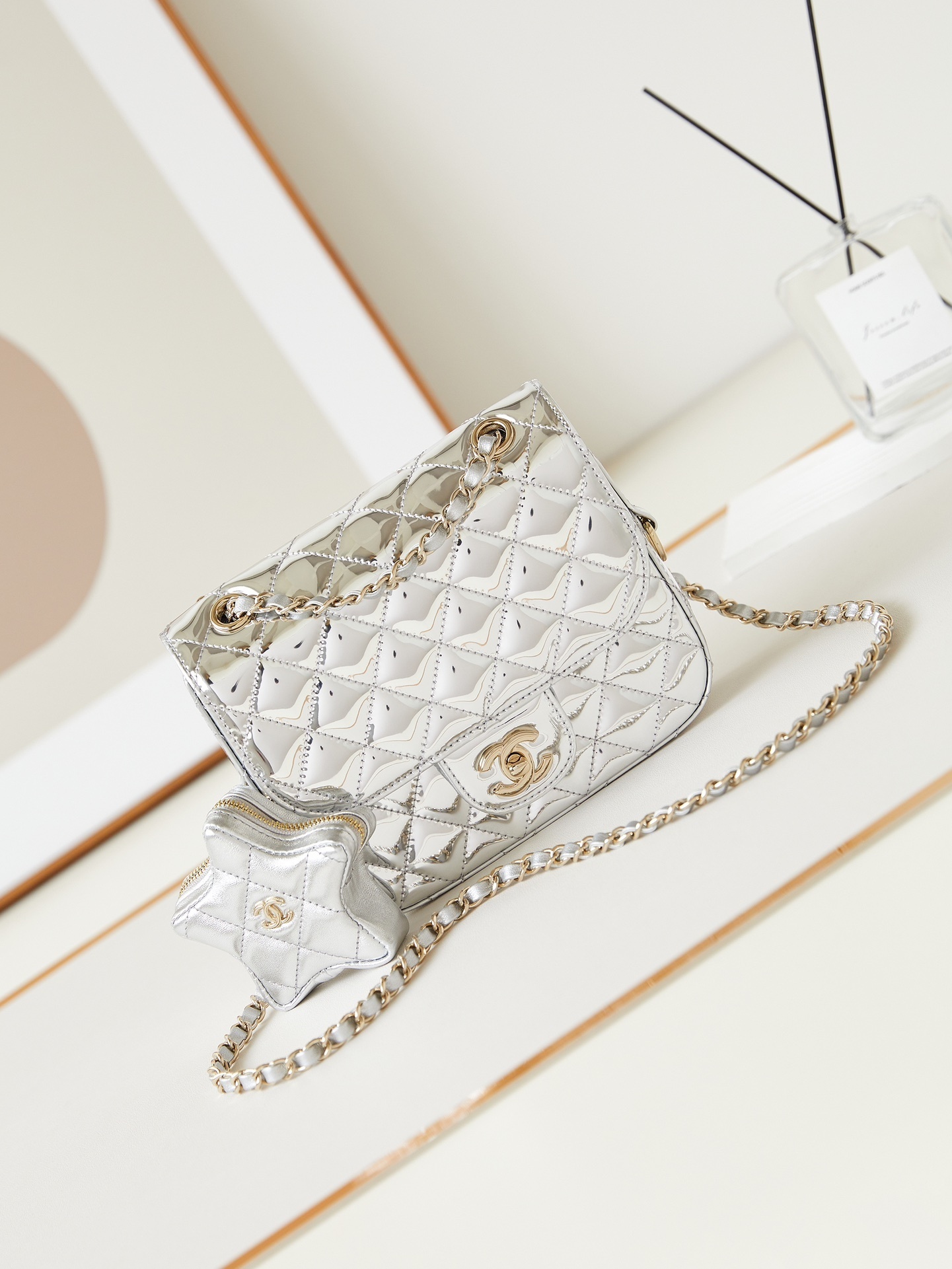 Chanel 24C Silver Mirror Calfskin Star Coin Purse Mini Flap Bag