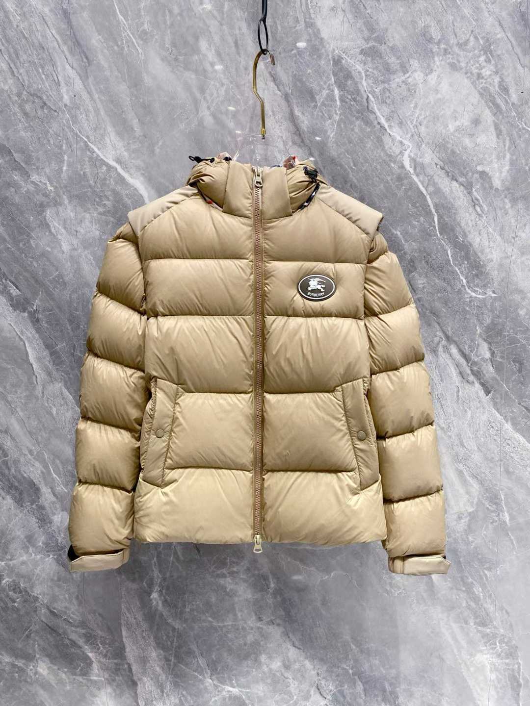 Burberry Hooded Quilted Down Jacket in a tan color