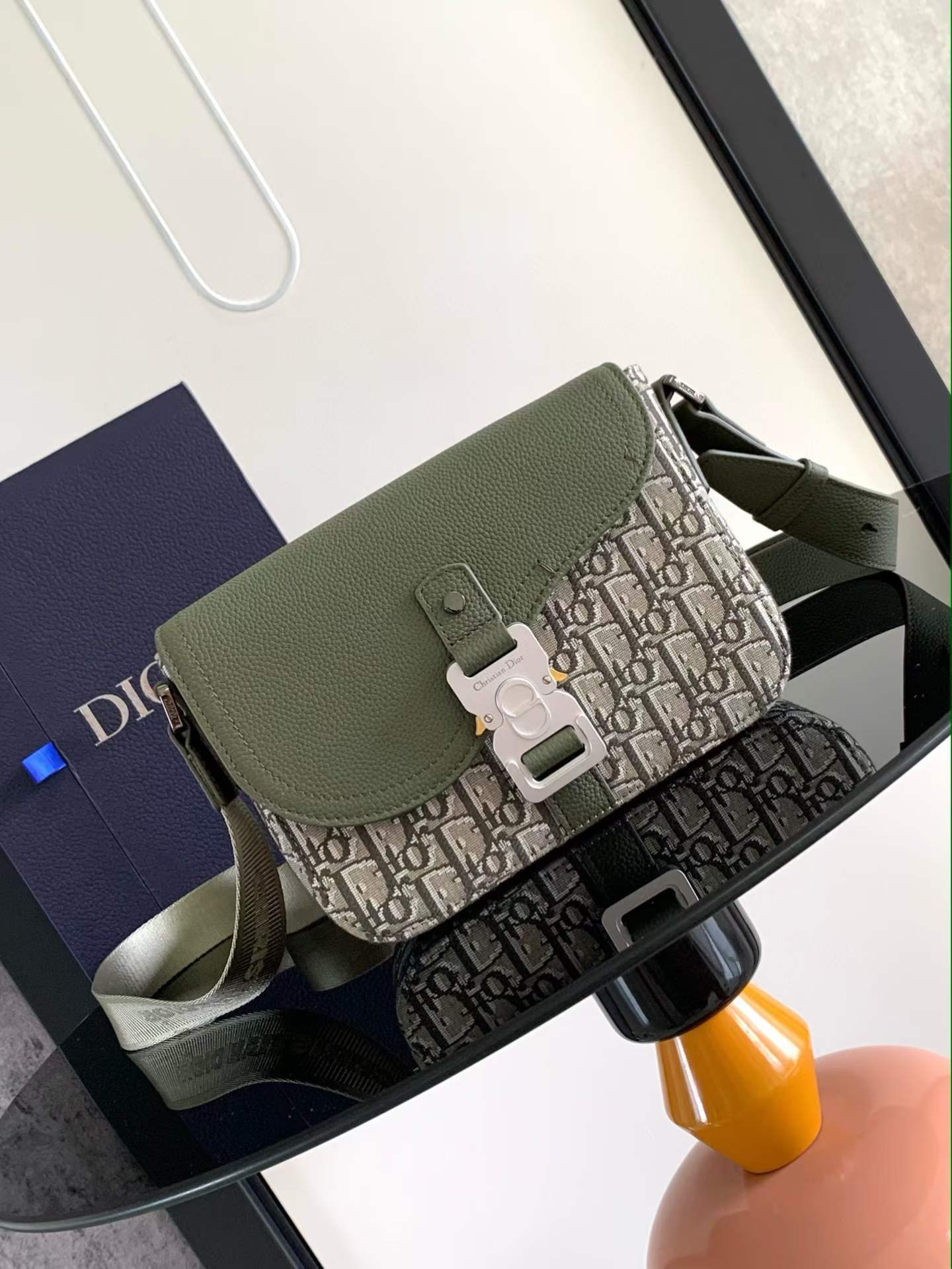 Dior Medium Saddle Messenger Bag with Flap in beige and black Dior Oblique jacquard with a khaki-green grained calfskin flap
