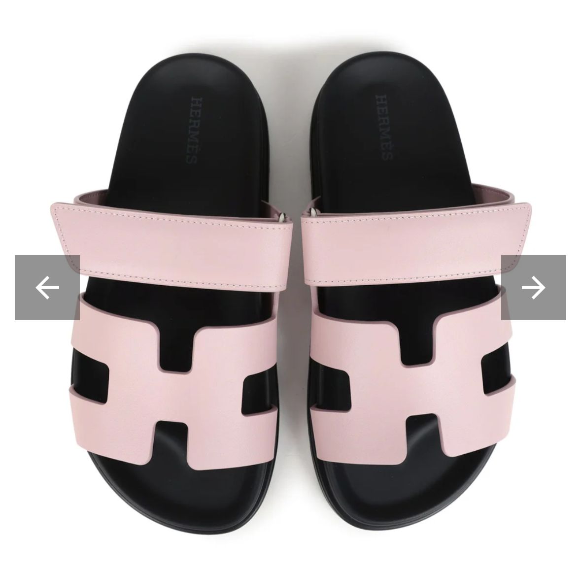 Hermes Chypre sandals in Rose Porcelaine suede with a black rubber sole