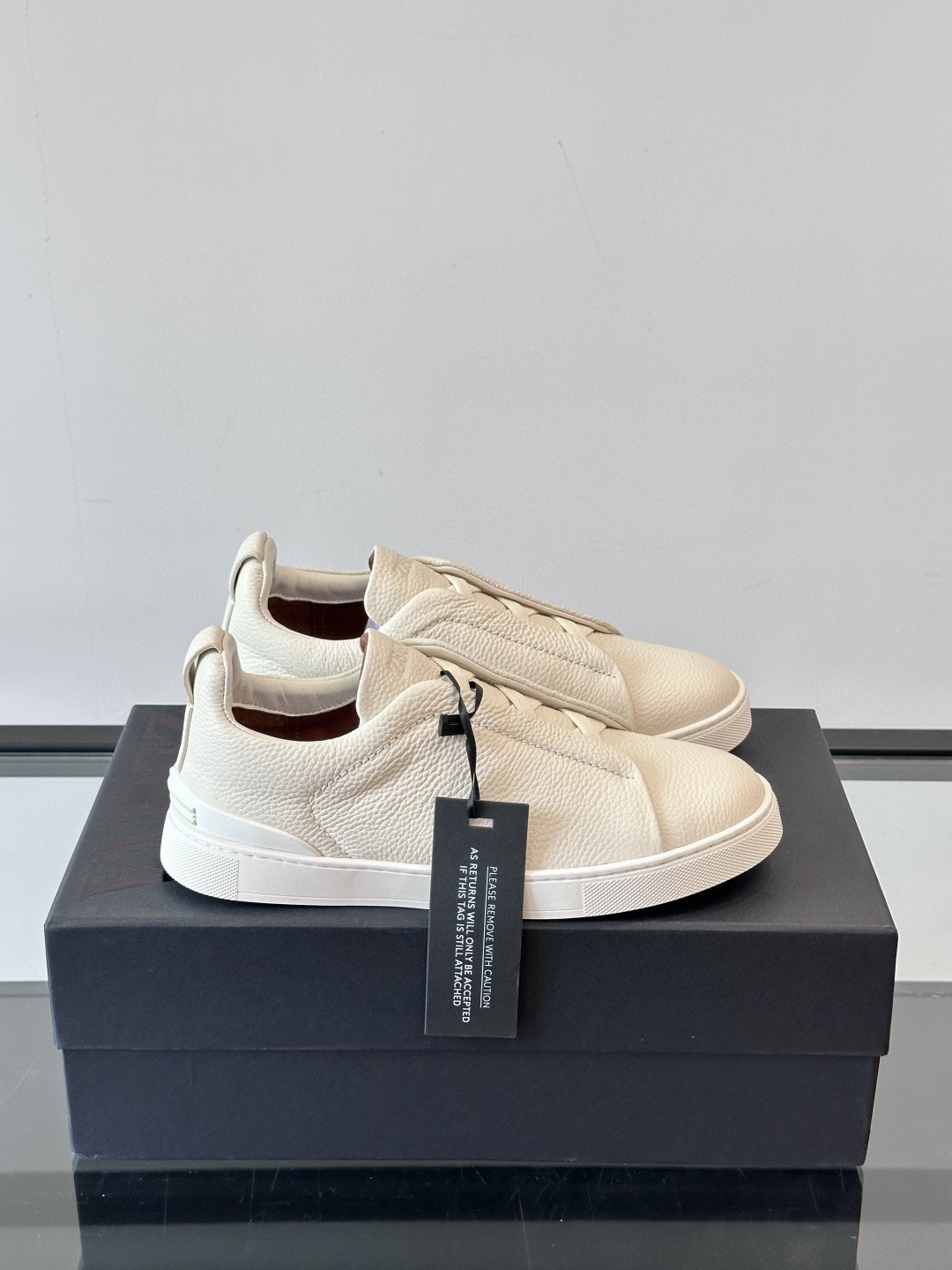 Zegna Off White Deerskin Triple Stitch SECONDSKIN low-top slip-on sneaker