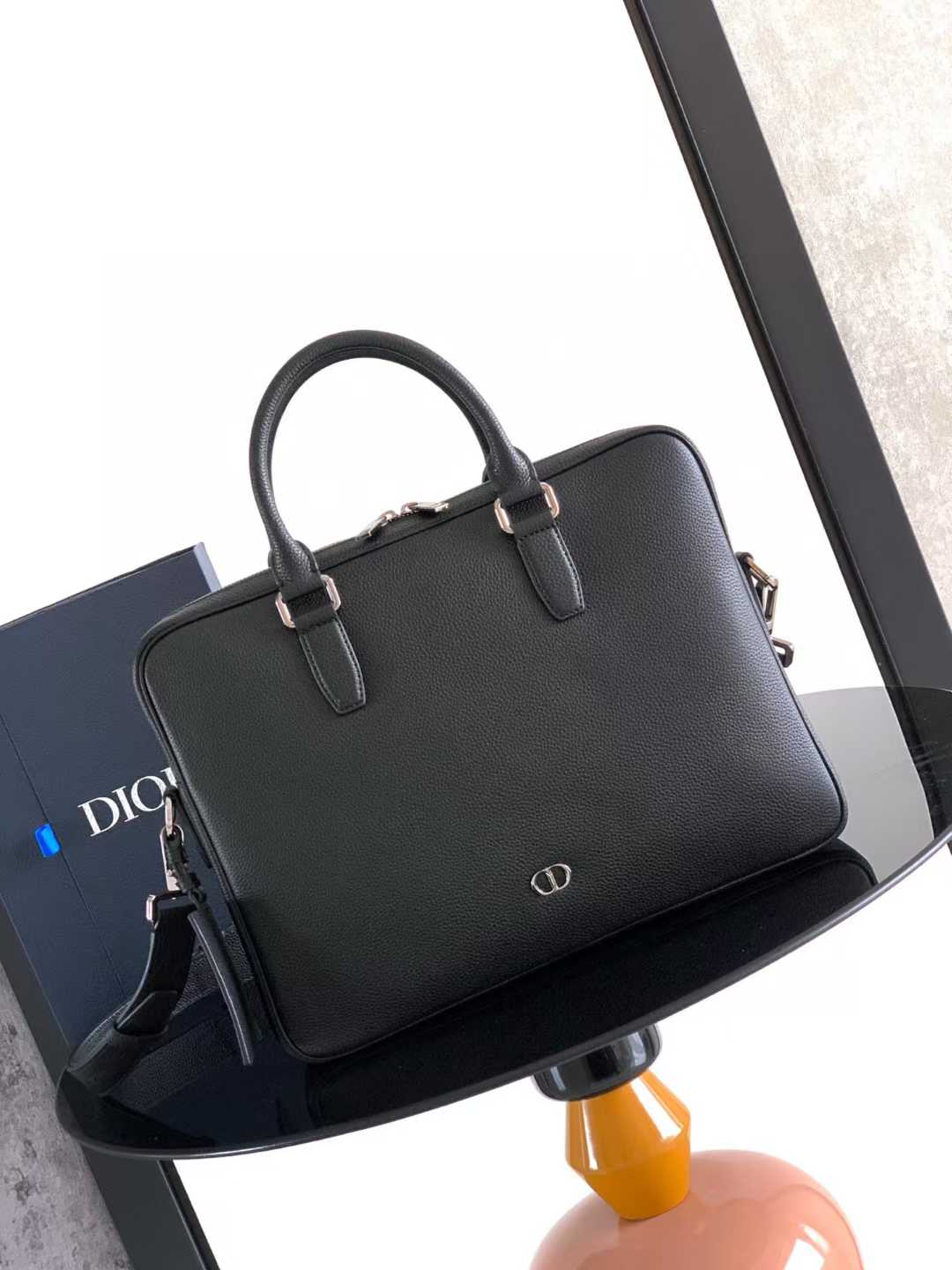 Dior CD Icon zipped briefcase in black matte grained calfskin