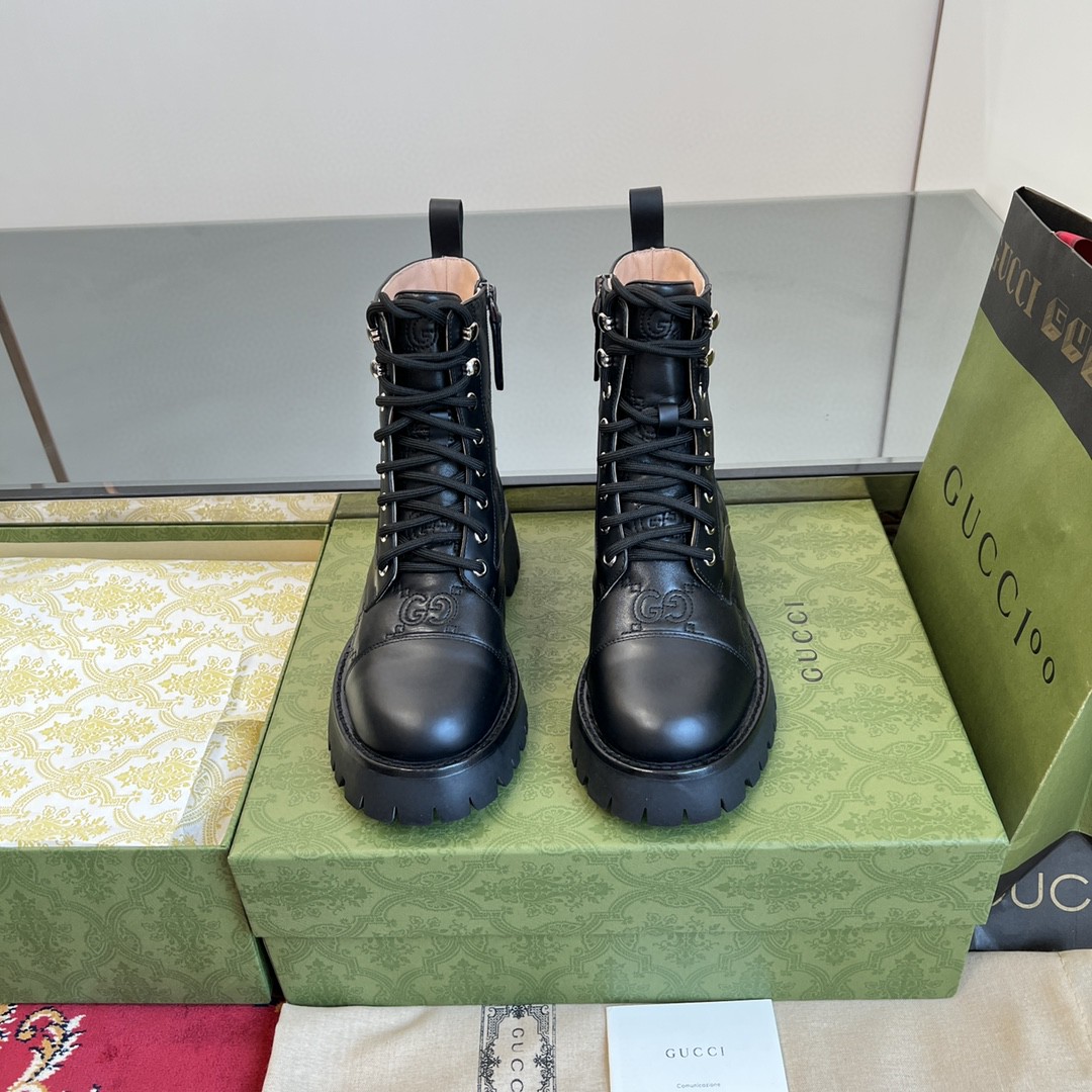 Gucci GG 70mm Quilted Lace Up Boot in black leather