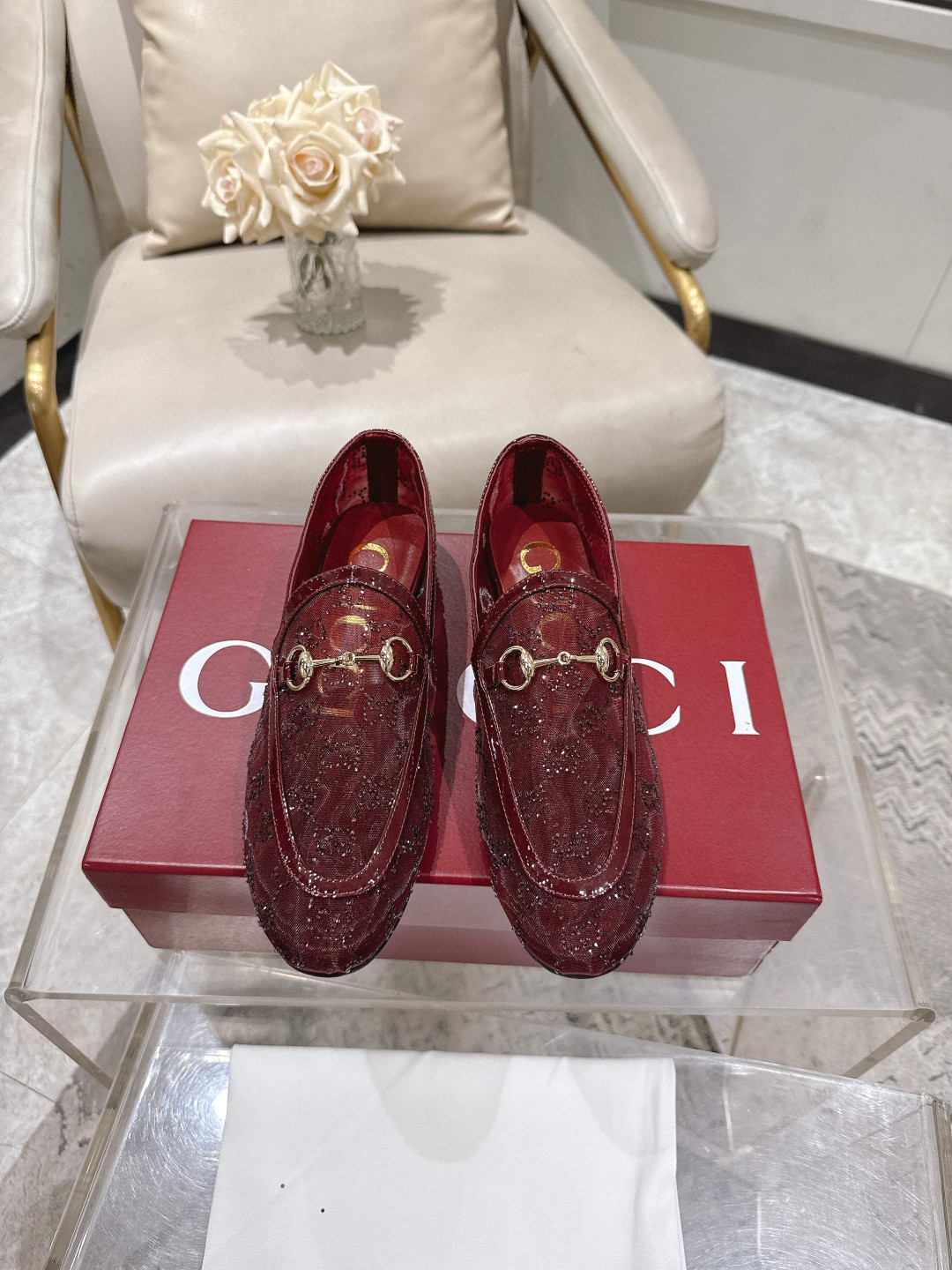 Gucci New Jordaan leather-trimmed mesh loafers with crystals in a red/burgundy color