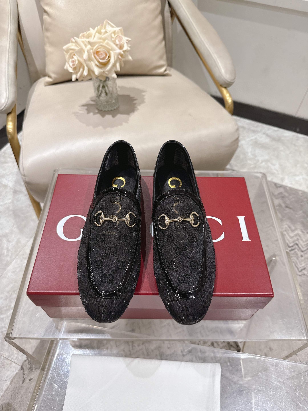 Gucci New Jordaan leather-trimmed mesh loafers with crystals in Black