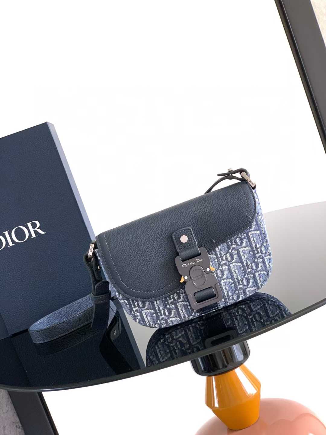 Dior Mini Saddle Messenger Bag black calfskin Leather aluminum buckle