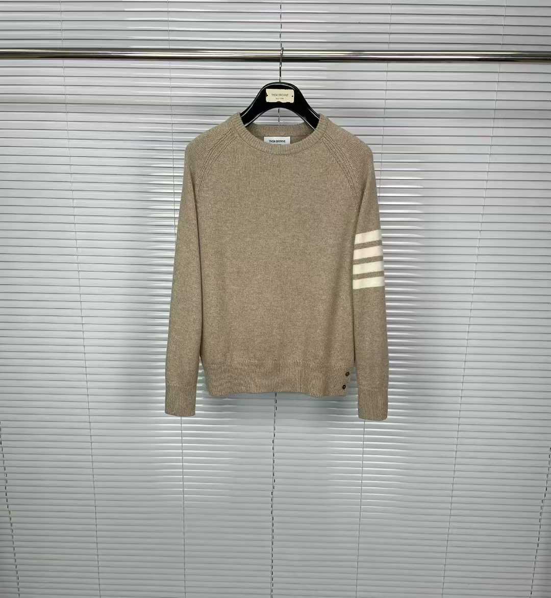 Thom Browne beige/brown Shetland wool 4-Bar relaxed fit pullover sweater