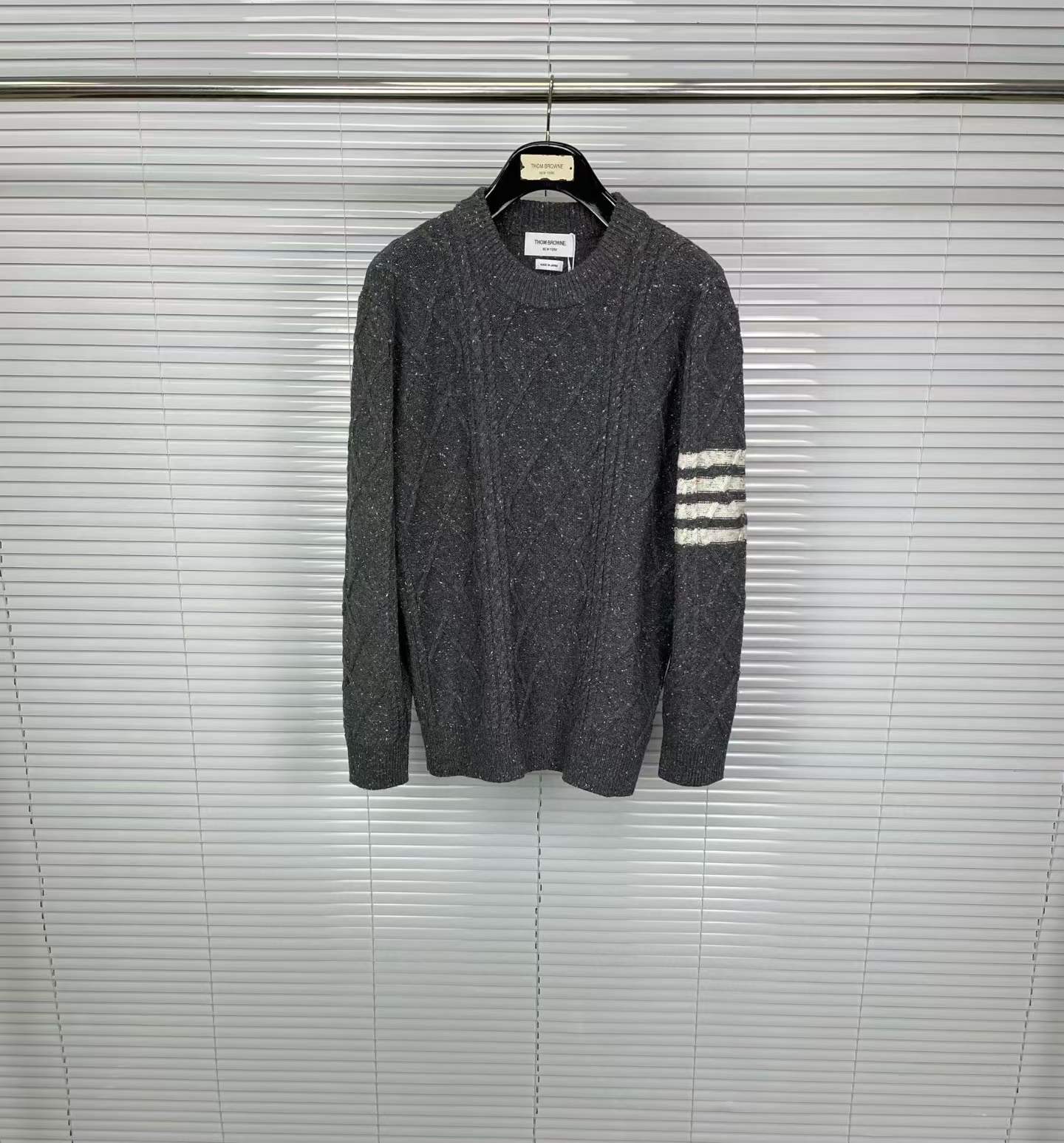 Thom Browne 4-Bar Donegal Cable Crew Knit grey wool