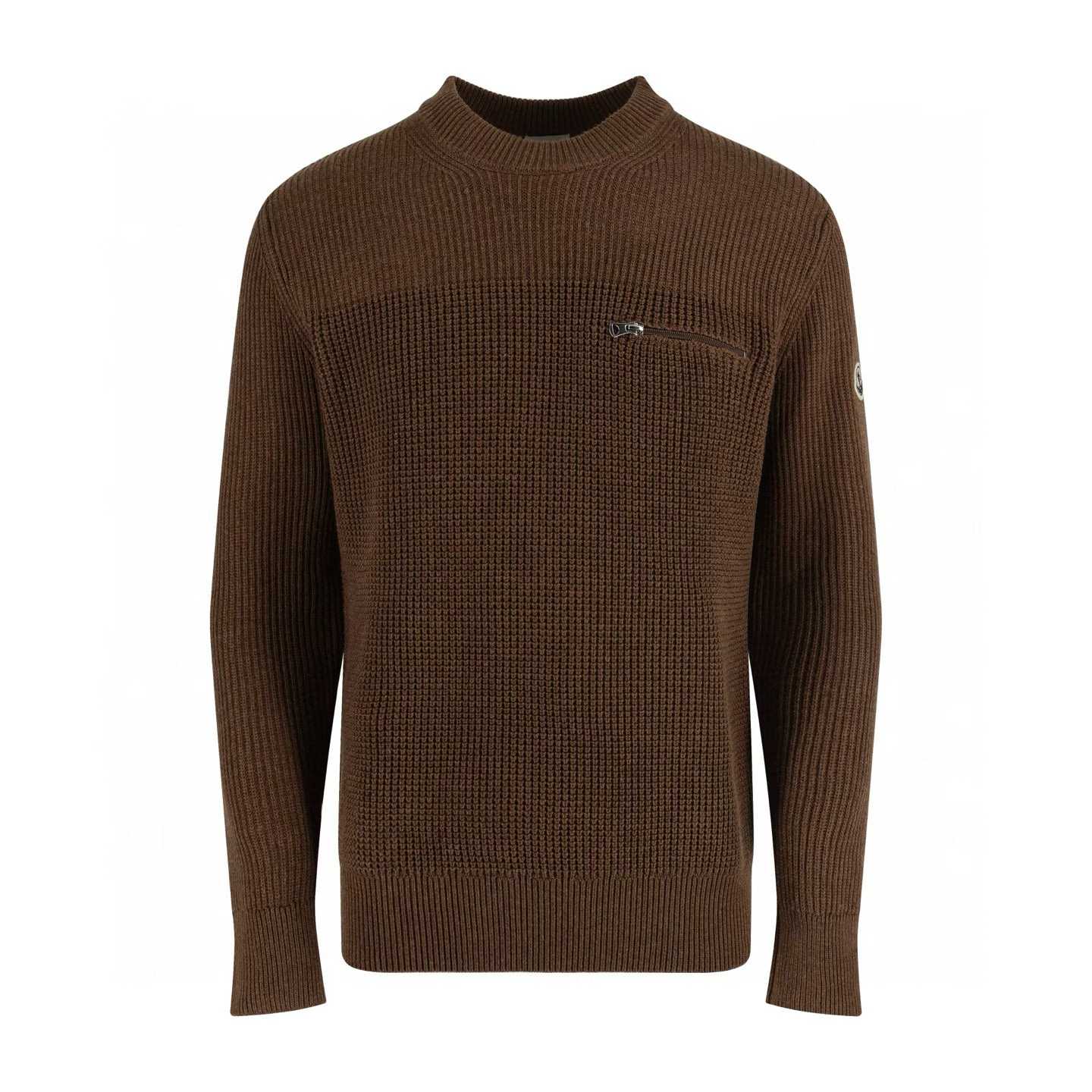 Moncler brown wool crew neck sweater with a chest pocket
