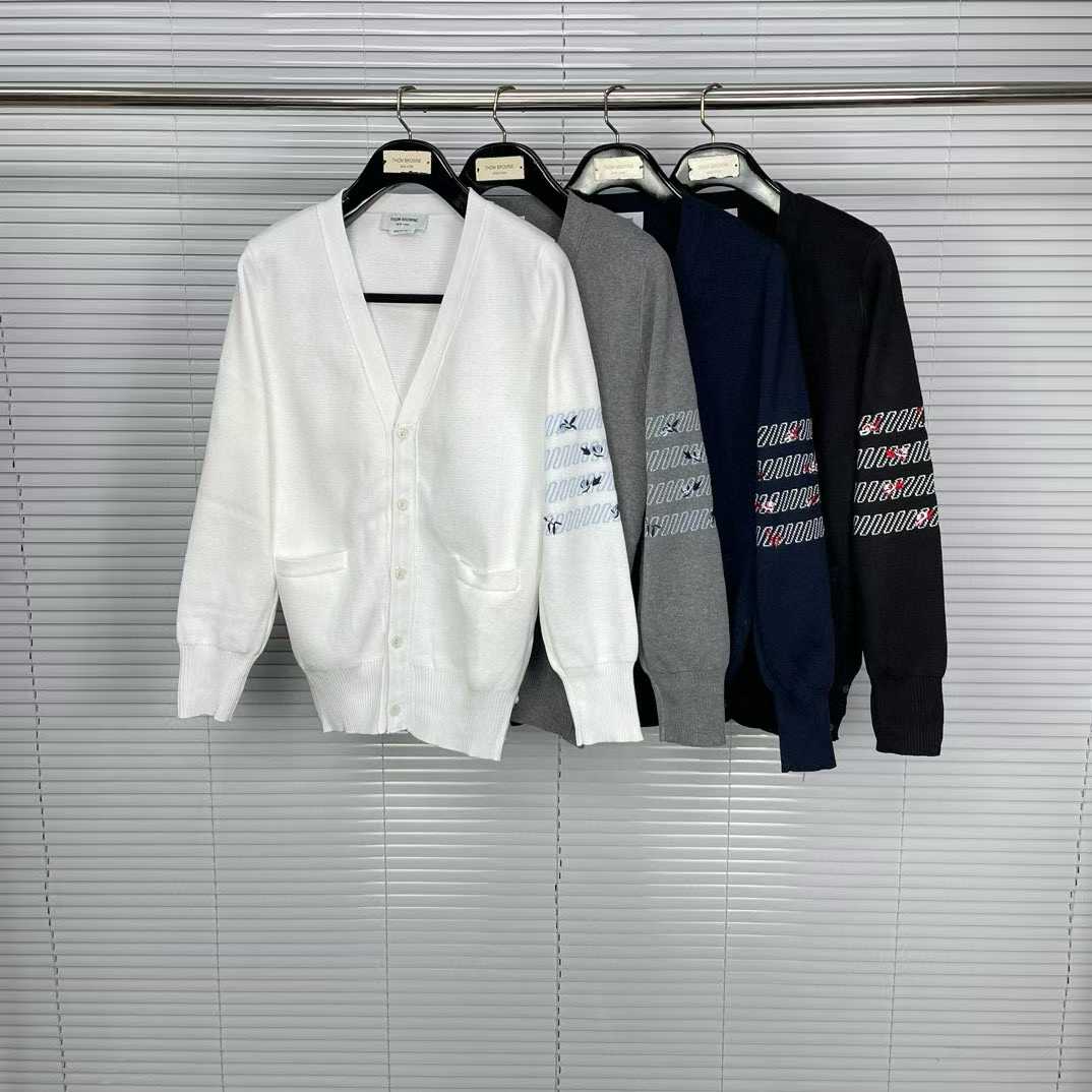 Thom Browne 4-Bar V-neck cardigan in various colors including white, grey, navy, and black.