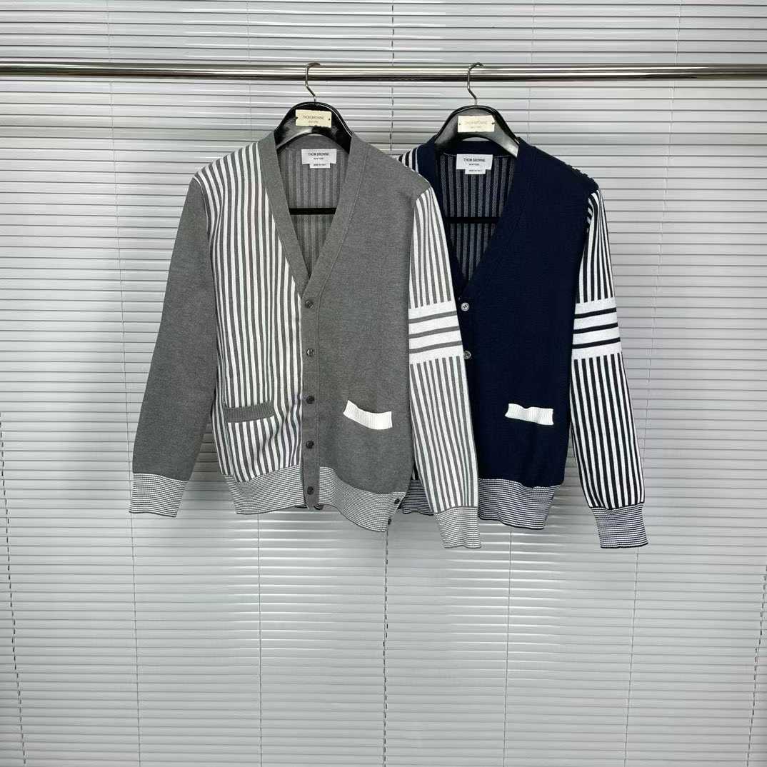 Thom Browne 4-Bar stripe knit cardigan in grey and navy blue