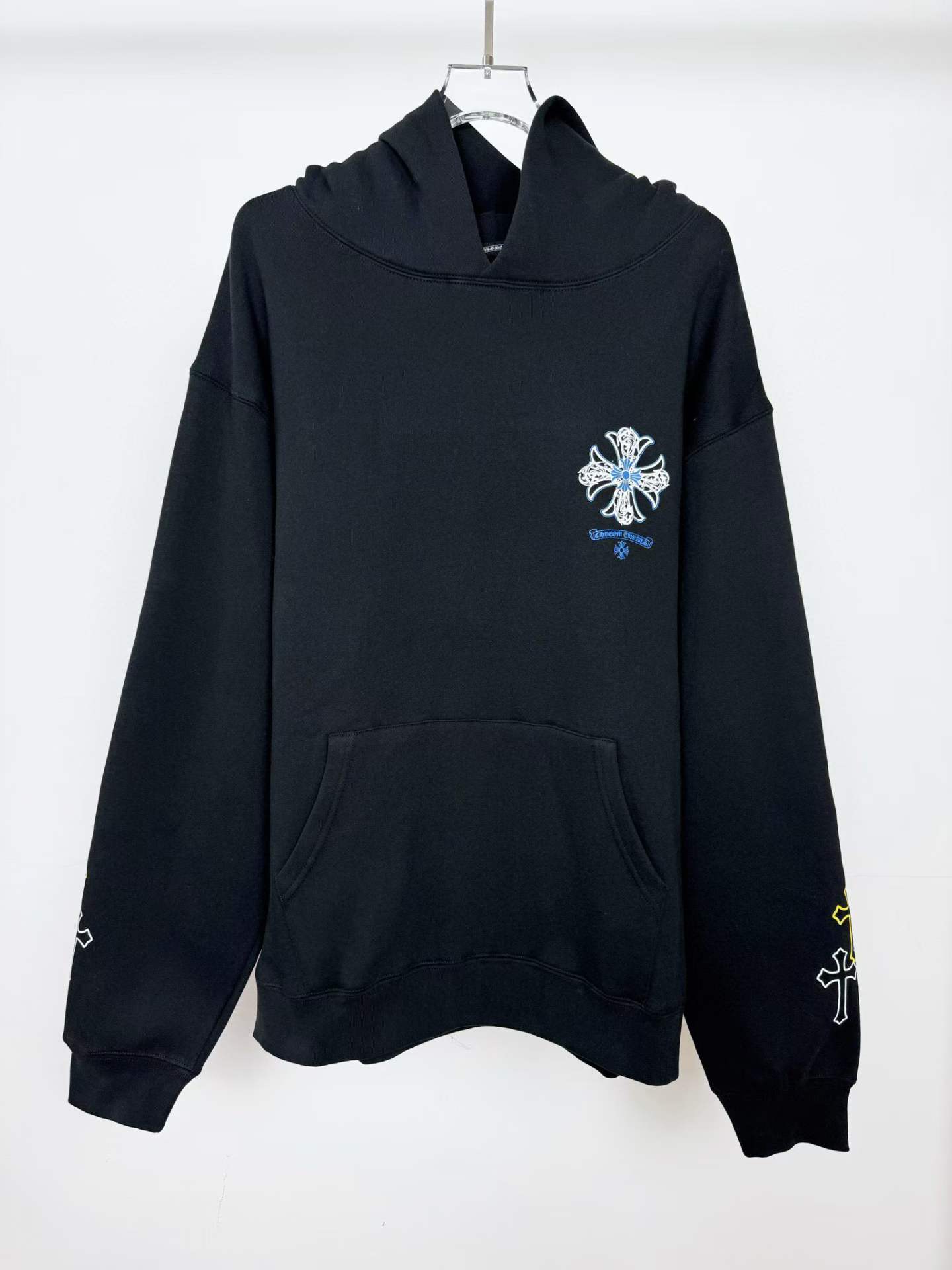 chrome hearts black hoodie with a cross graphic