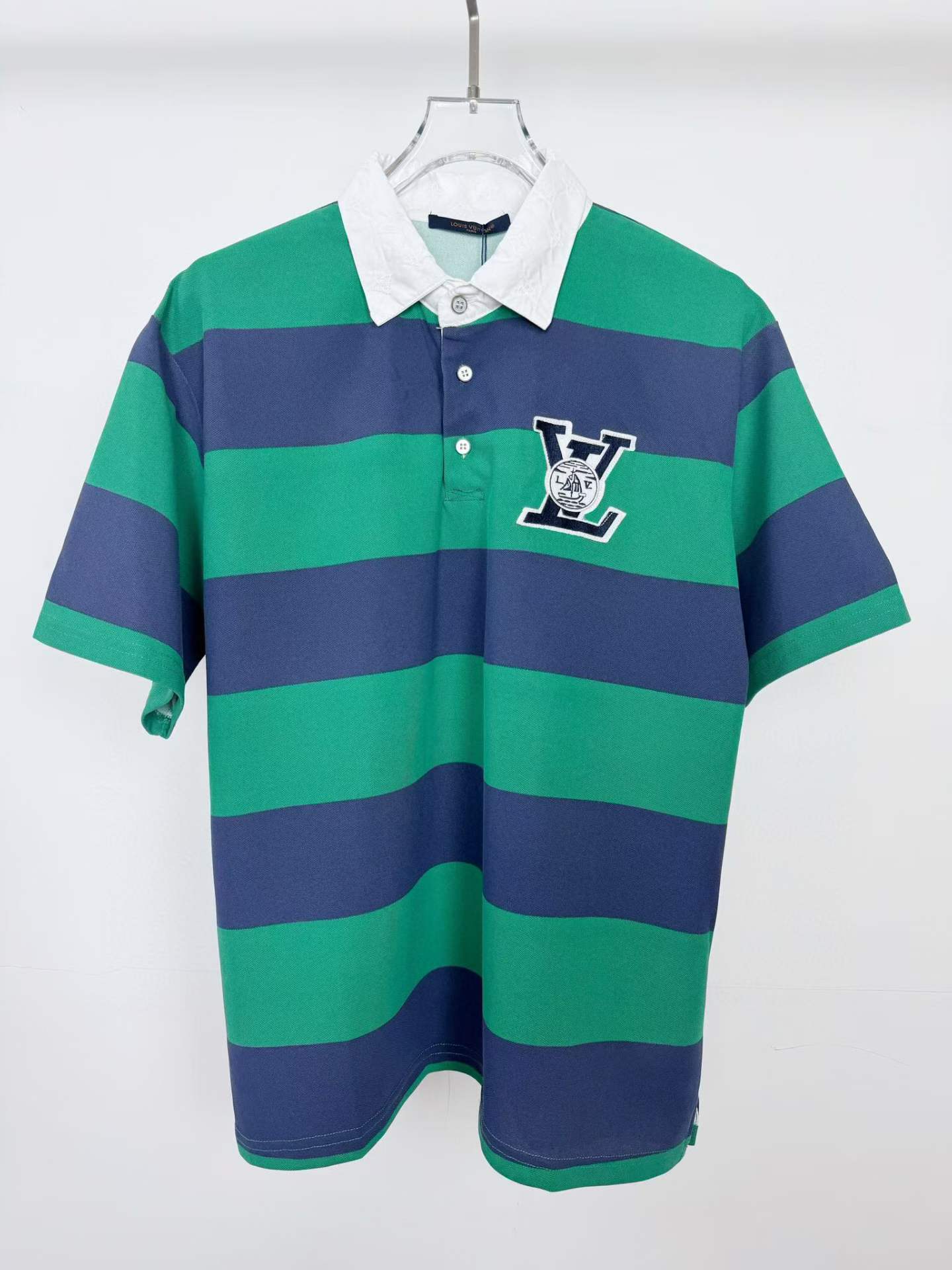 LV Striped Short-Sleeved Polo Shirt in classic emerald and navy tones
