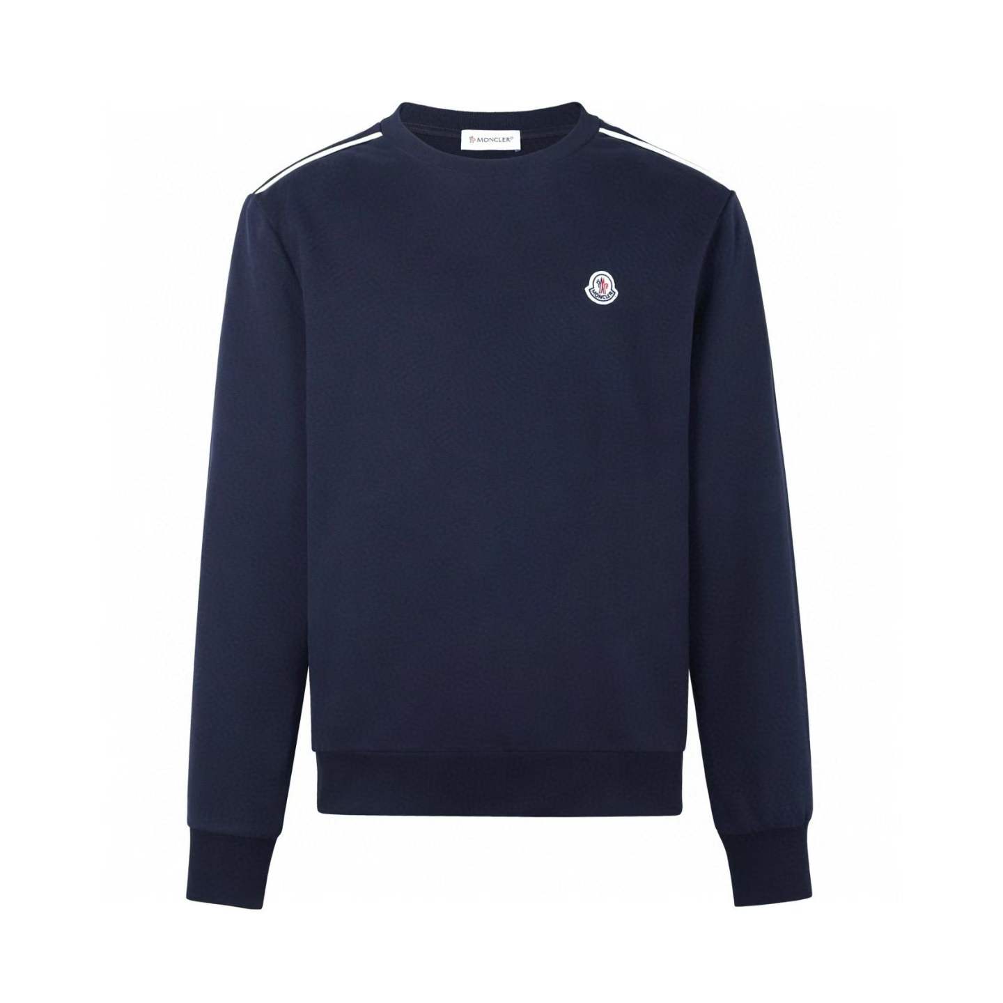 Moncler logo-patch cotton sweatshirt in navy blue with white shoulder stripes
