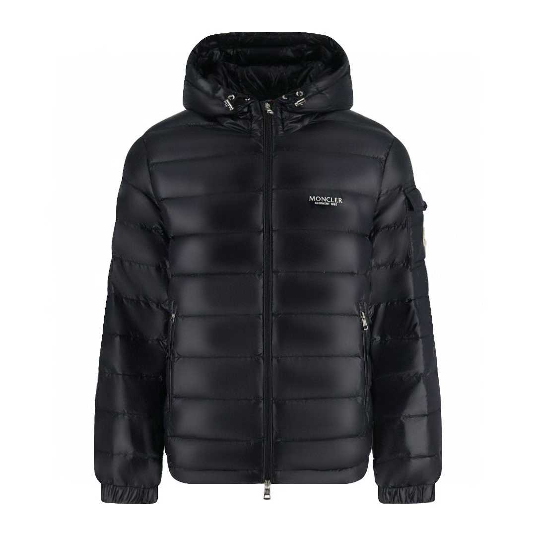 moncler black hooded puffer jacket with branding on the chest