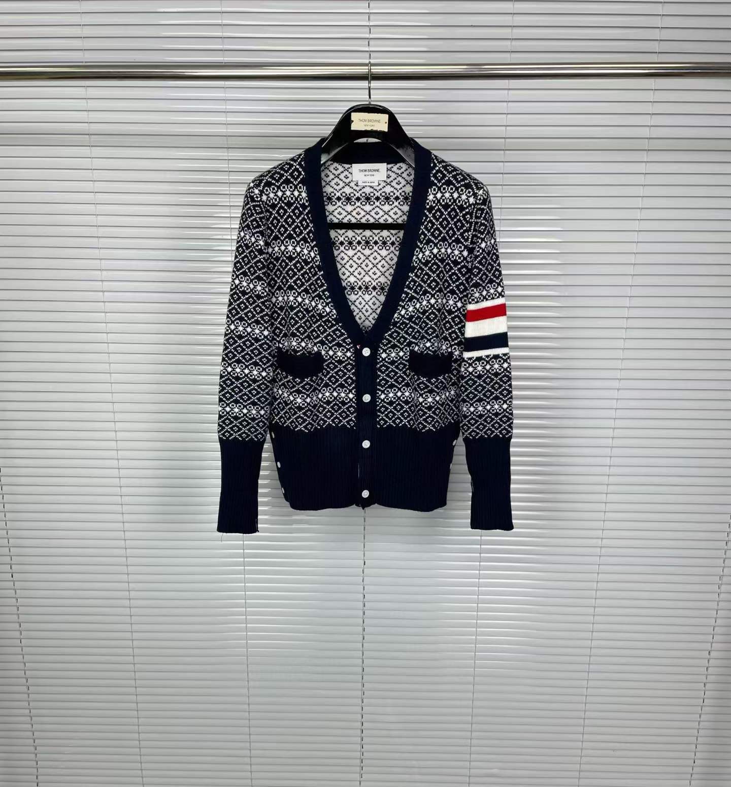 Thom Browne navy blue/grey wool textured-knit 4-Bar stripe cardigan