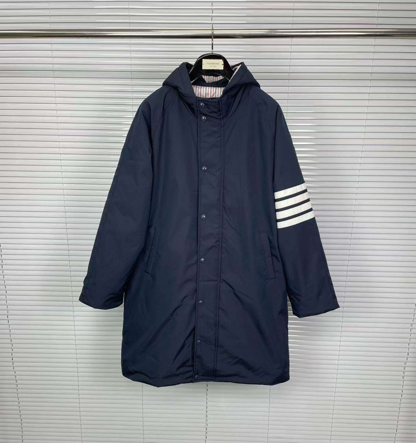 Thom Browne Twill 4-Bar Football Sideline Parka coat in navy blue polyester with goose down and feather fill