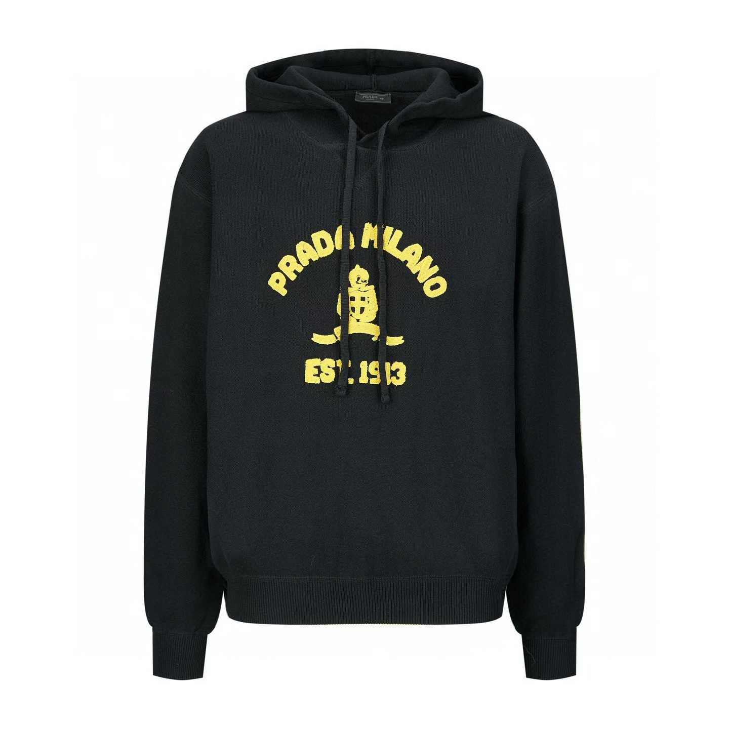 Prada black cotton fleece hoodie with a yellow logo print