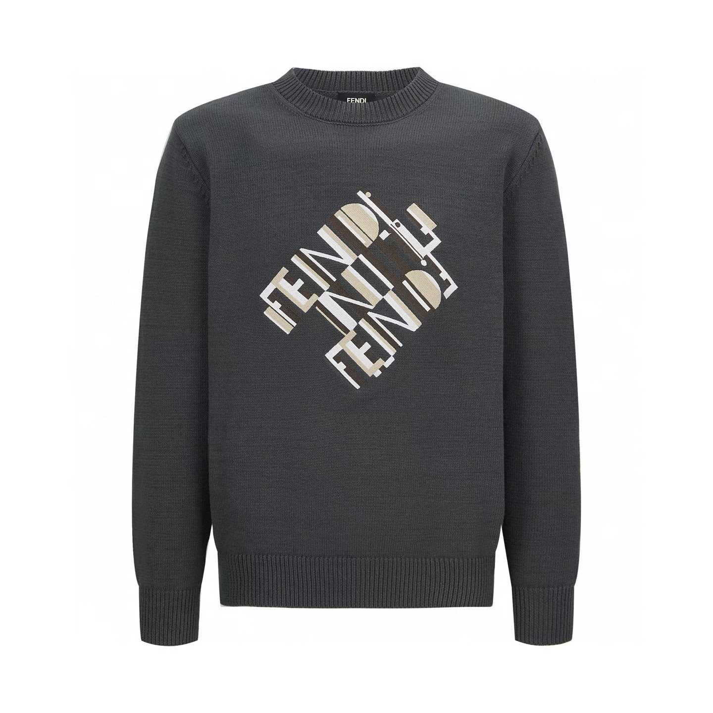 Fendi grey wool pullover with inlaid Fendi tape and a diagonal jacquard pattern