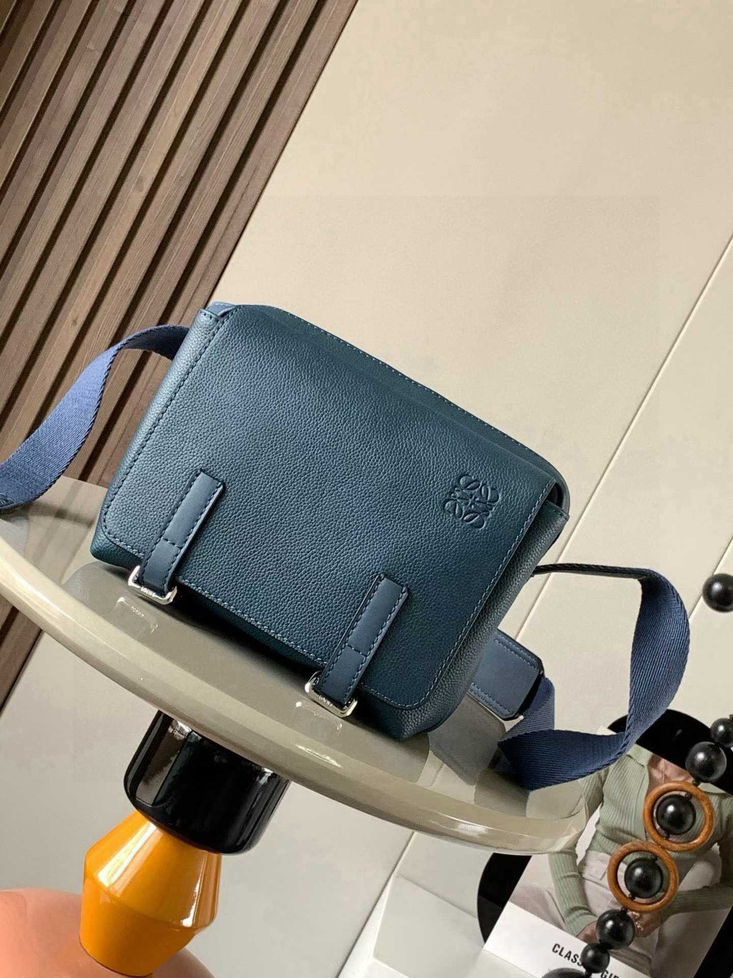 Loewe XS Military Messenger bag in soft grained calfskin and an indigo blue color