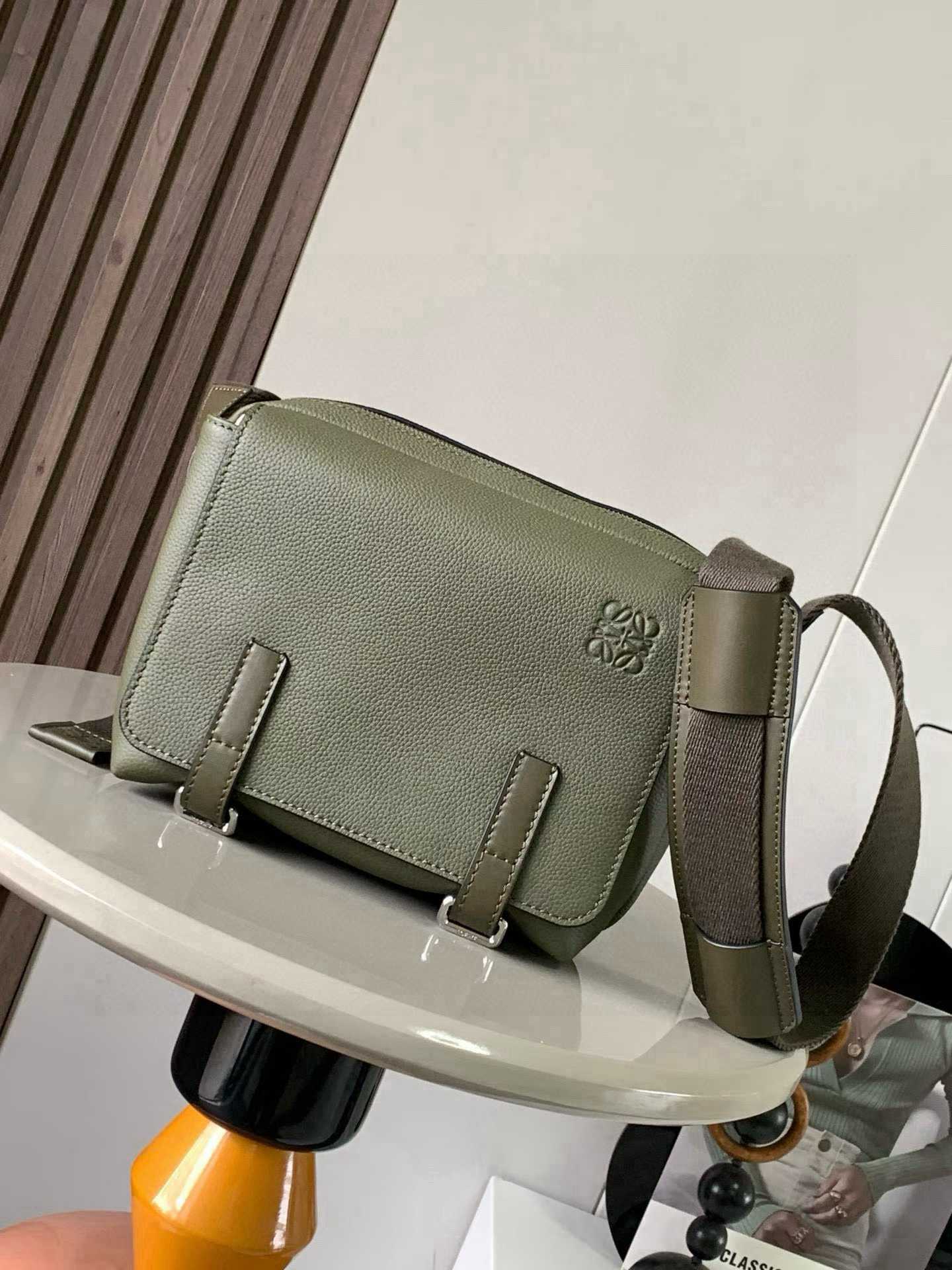 Loewe XS Military messenger bag in soft grained calfskin leather in a green color