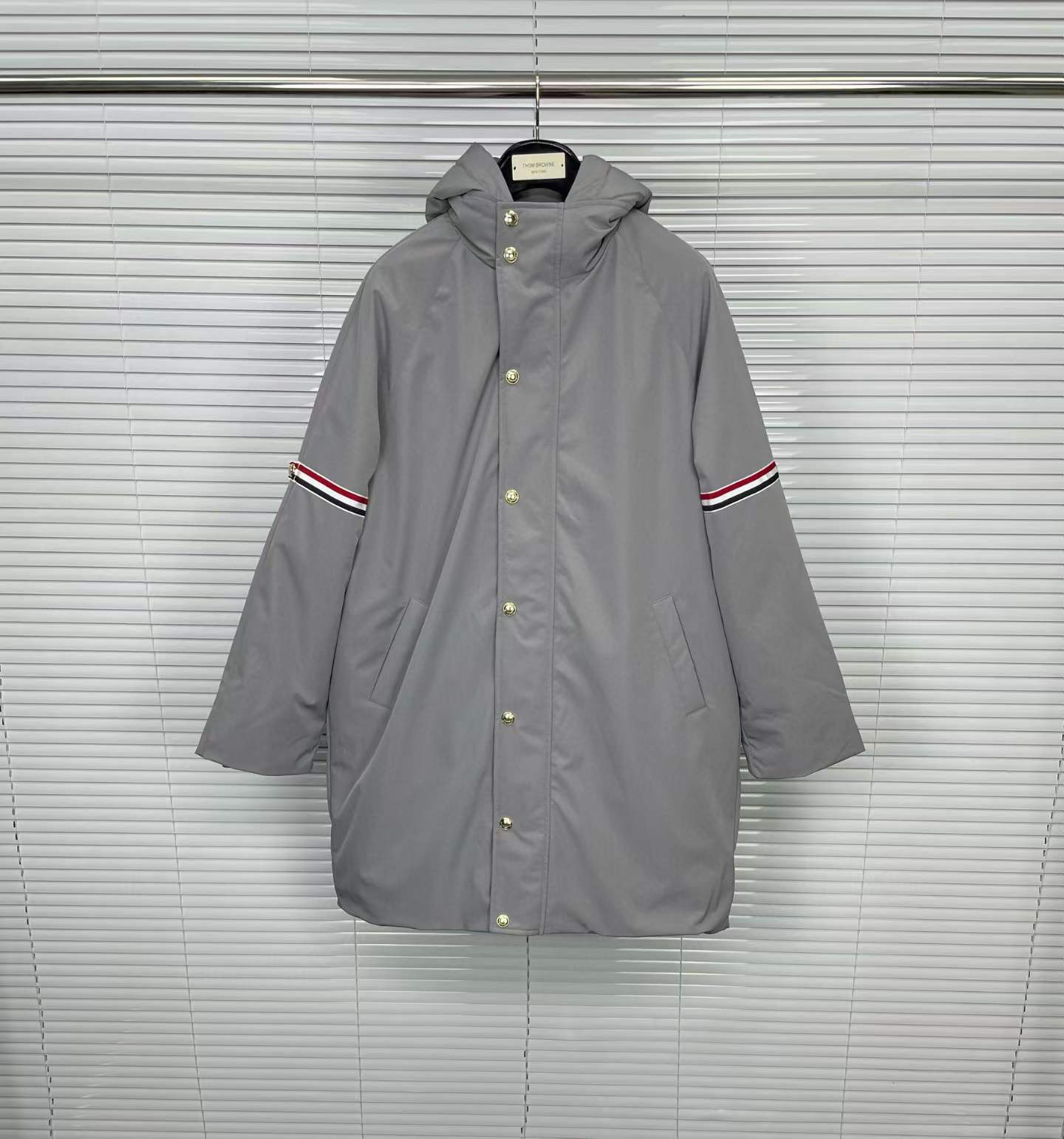 Thom Browne 4-Bar hooded padded down coat in grey polyester