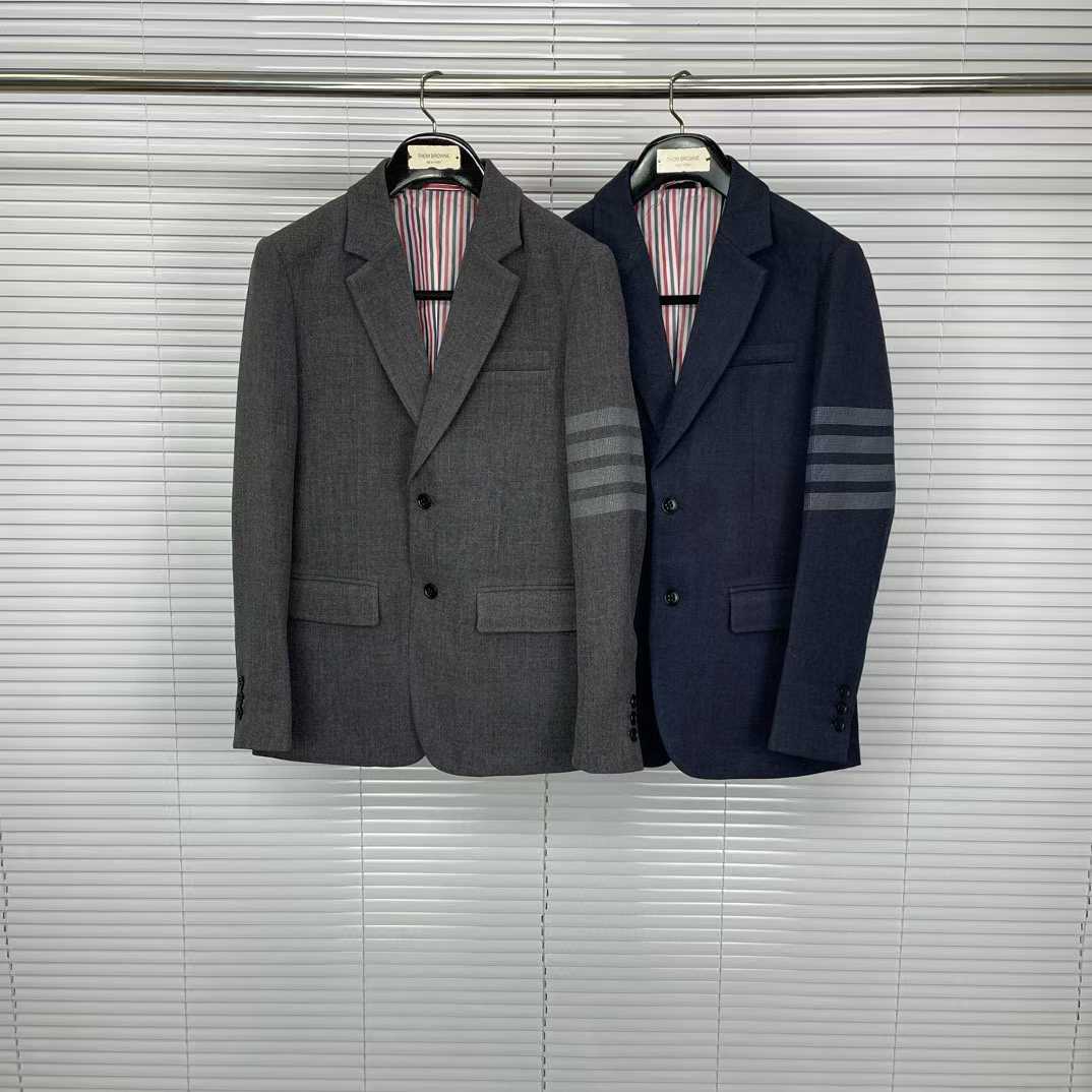 Thom Browne 4-Bar single-breasted wool blazers in grey and navy blue