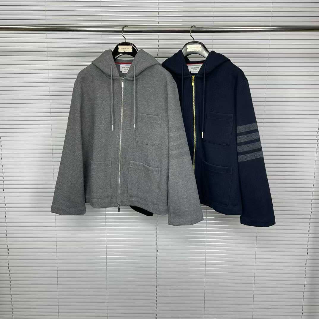 Thom Browne grey and blue 4-bar stripe hooded jackets in wool