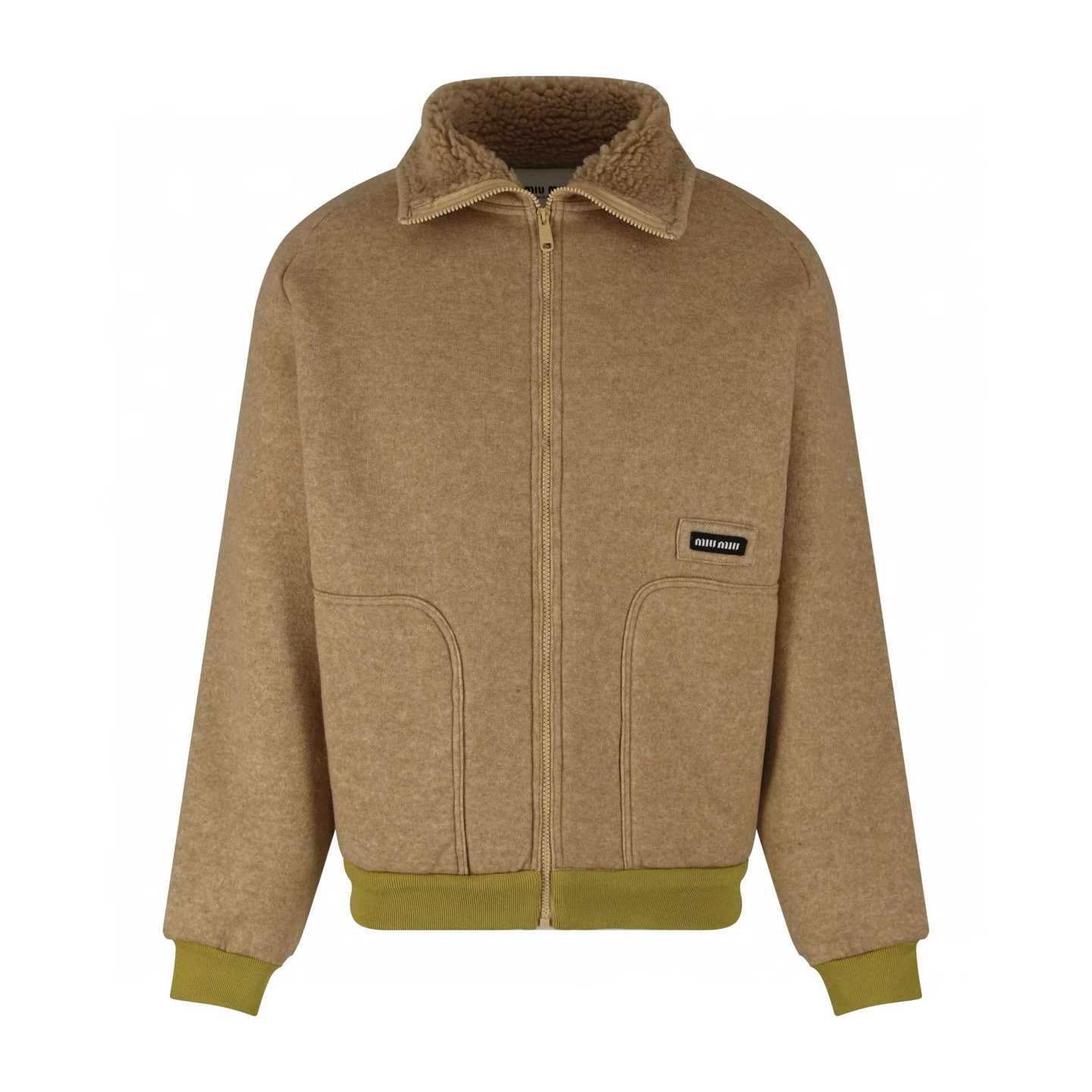 Miu Miu logo fleece blouson jacket in beige with a shearling collar and knit cuffs