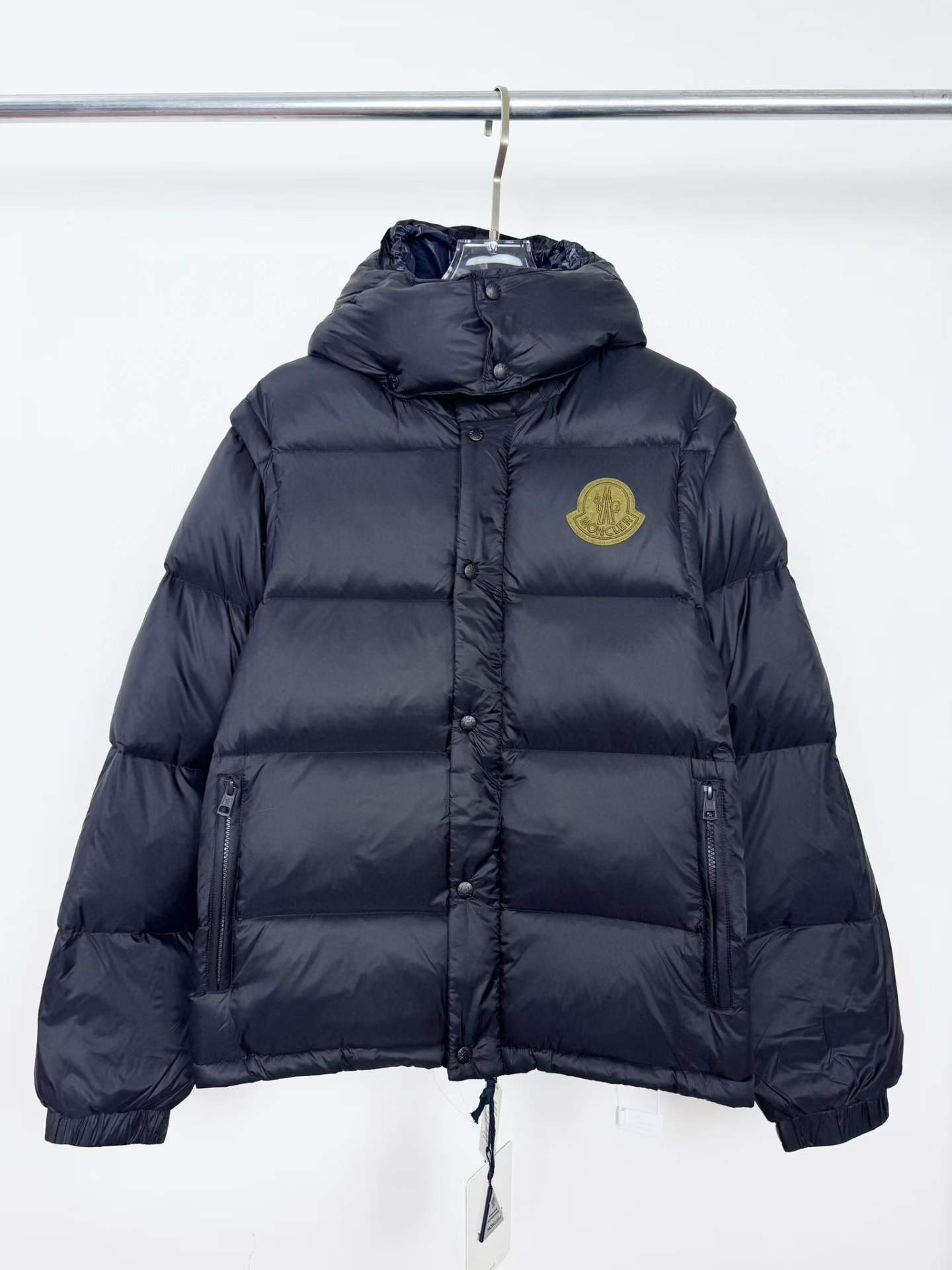Moncler Cyclone 2-in-1 hooded short down jacket in dark blue nylon