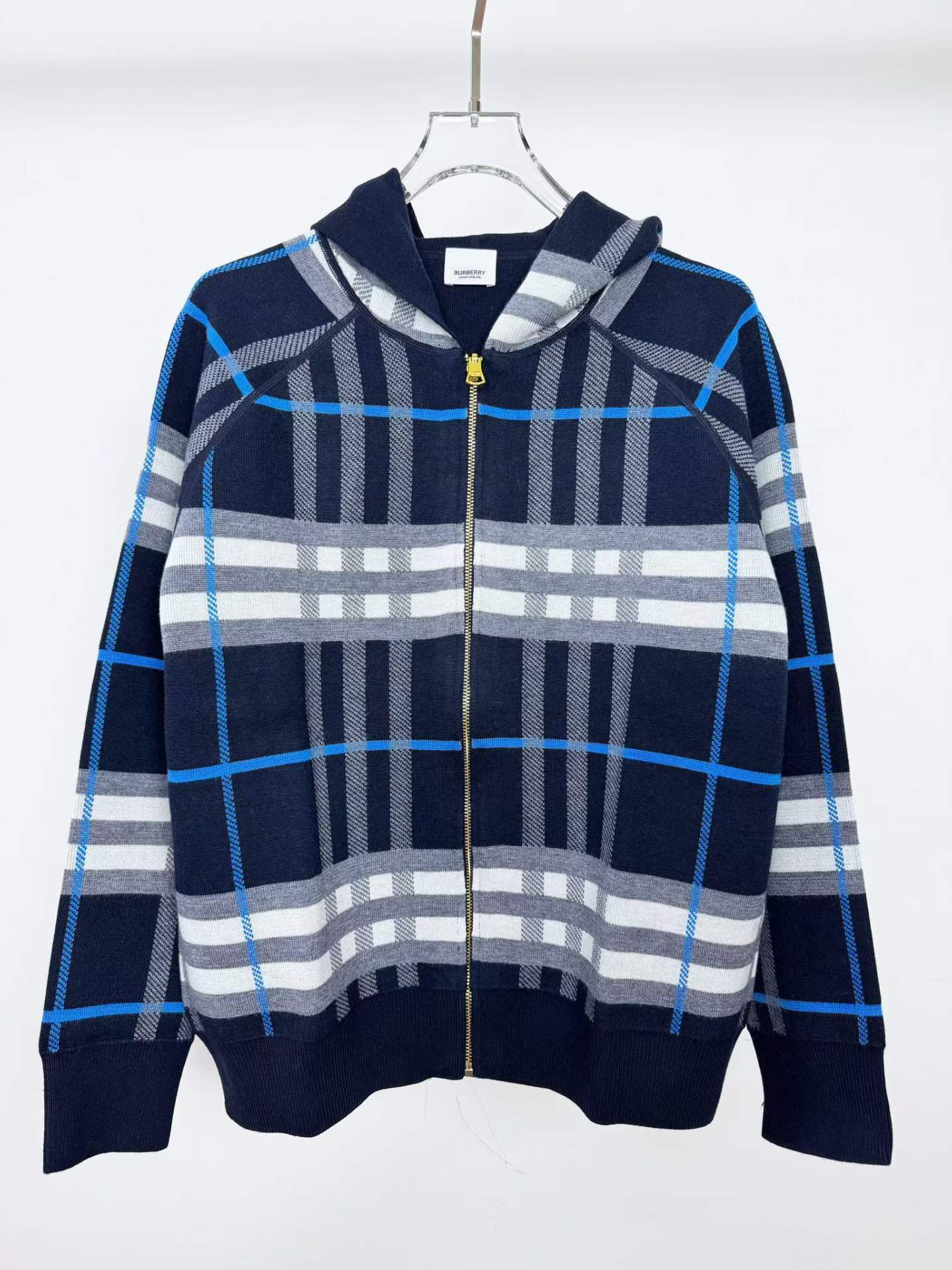 Burberry Check Hood Cotton Hoodie in a navy and white plaid pattern
