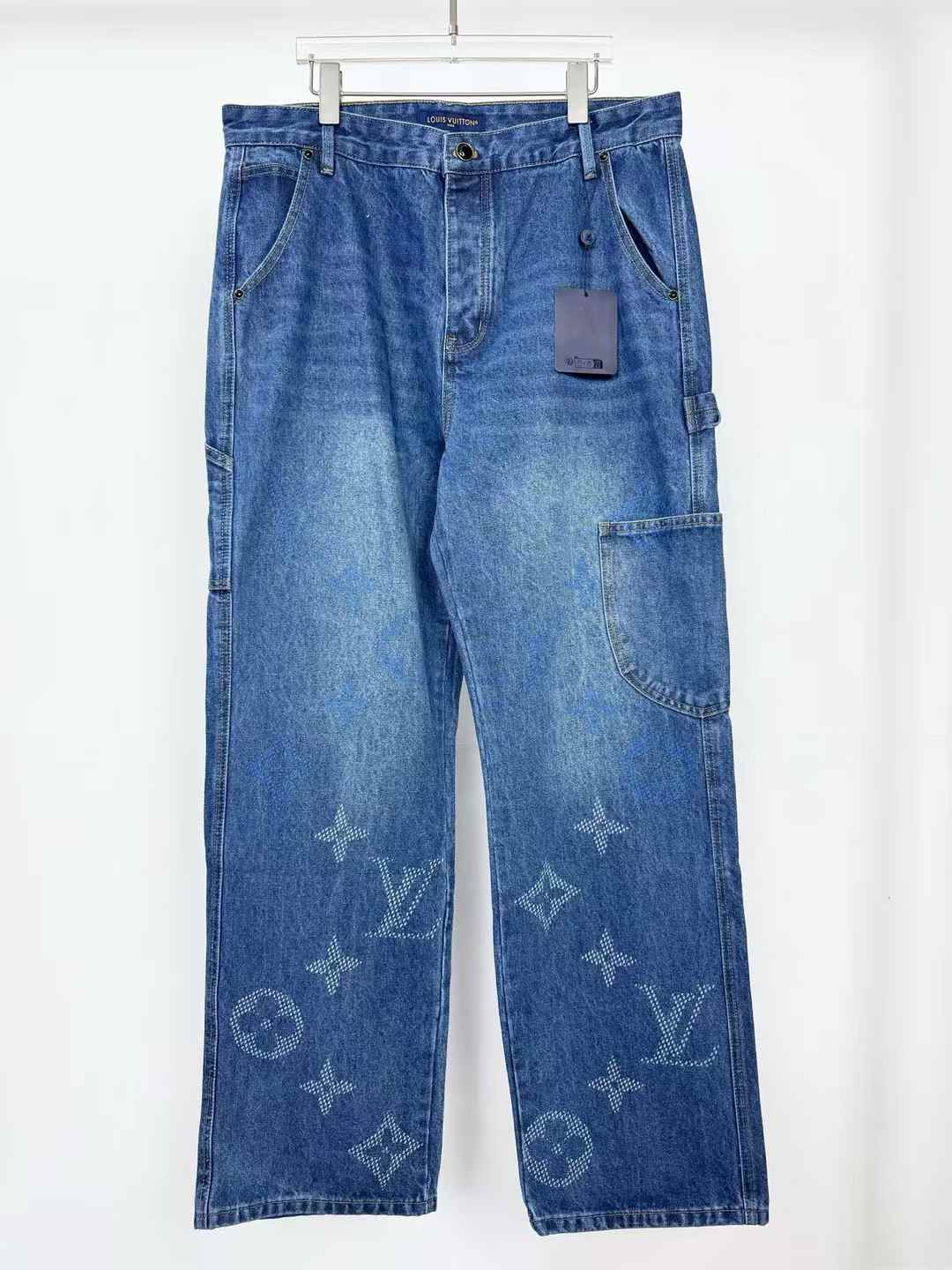 LV Monogram Workwear Denim Carpenter Pants in washed blue denim