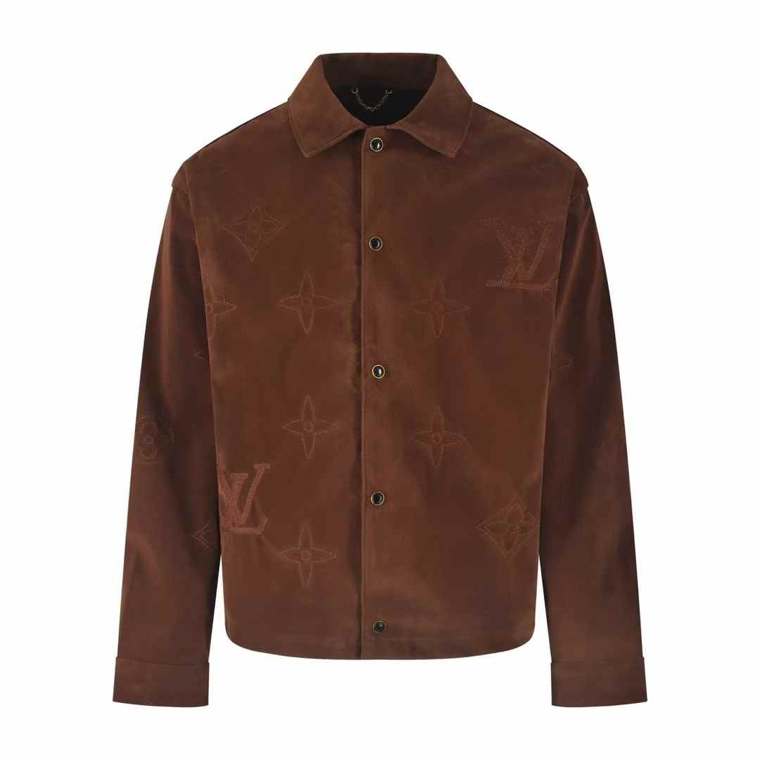 LV Monogram Embroidered Suede Overshirt in dark brown calf suede leather