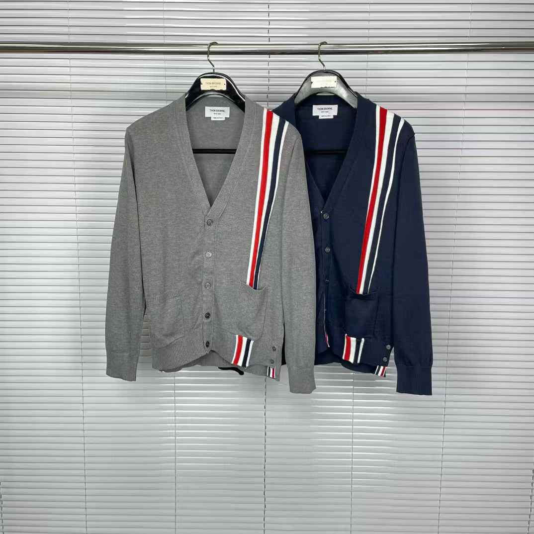 Thom Browne V-neck cotton cardigan in grey and navy blue with signature RWB stripe intarsia