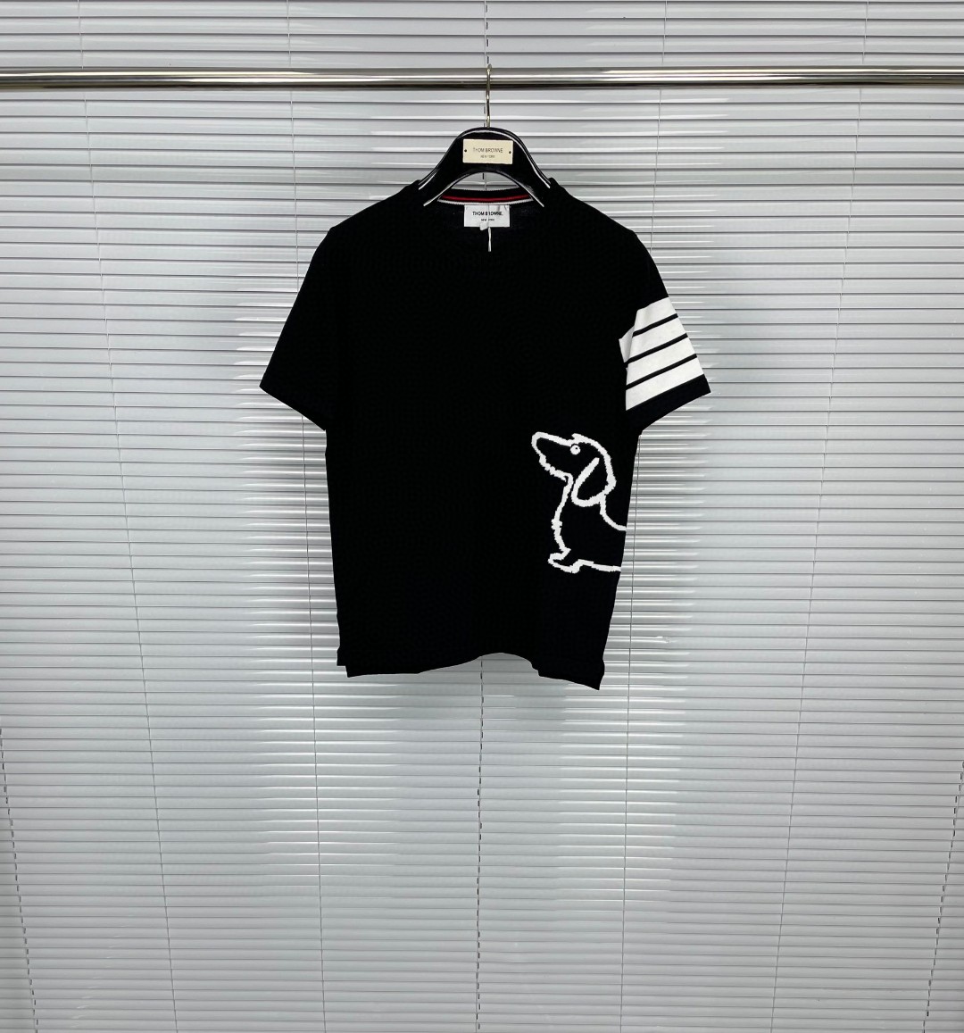Thom Browne black cotton dog-embroidered T-shirt with the signature 4-bar stripes on the sleeve